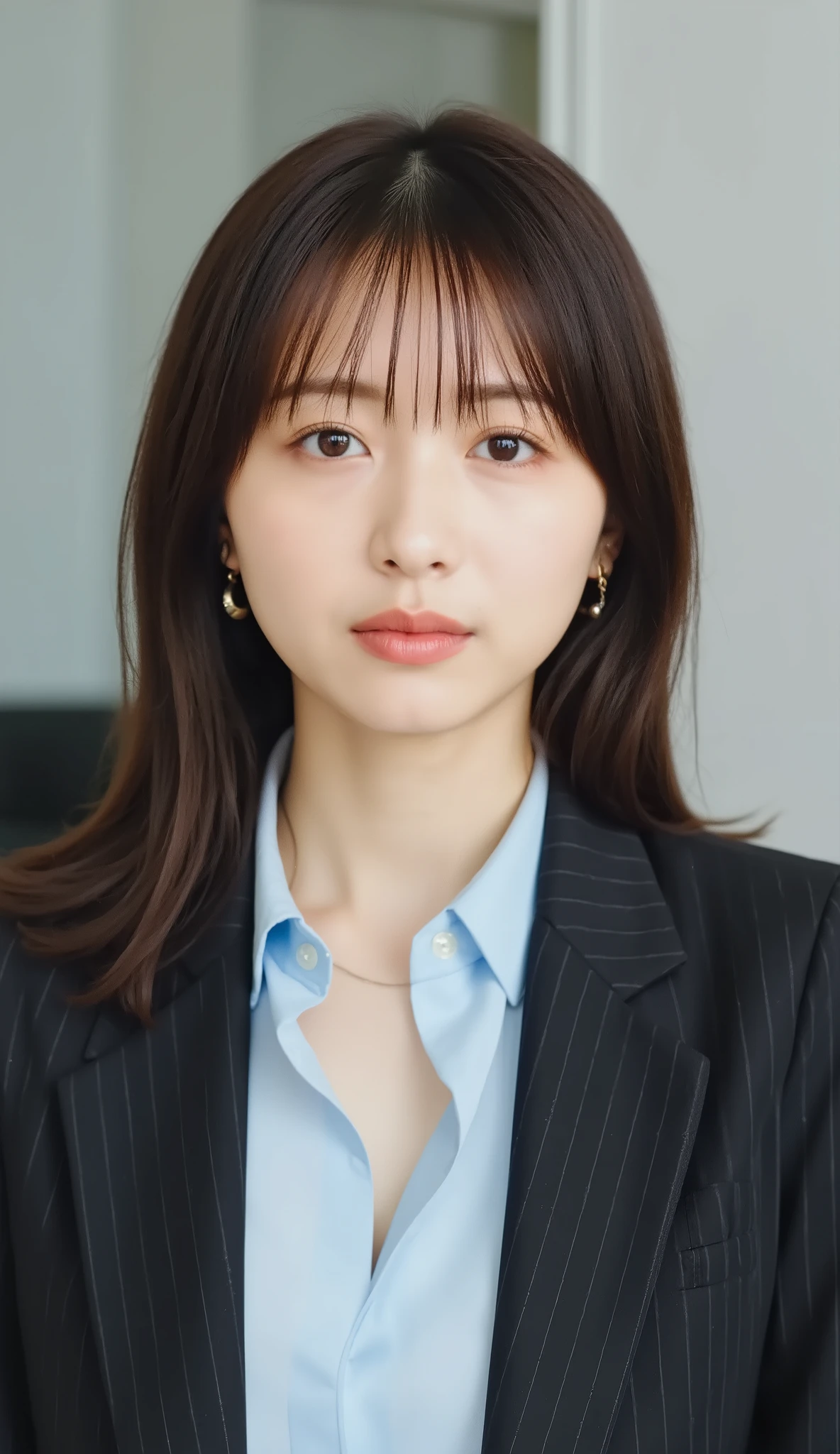Neat Young Woman、and look at the camera、office lady suit、jacket、shirt、necklace、、ear piercing、前髪あり、No expression、has closed its mouth、顔のクローズアップ、The background is office