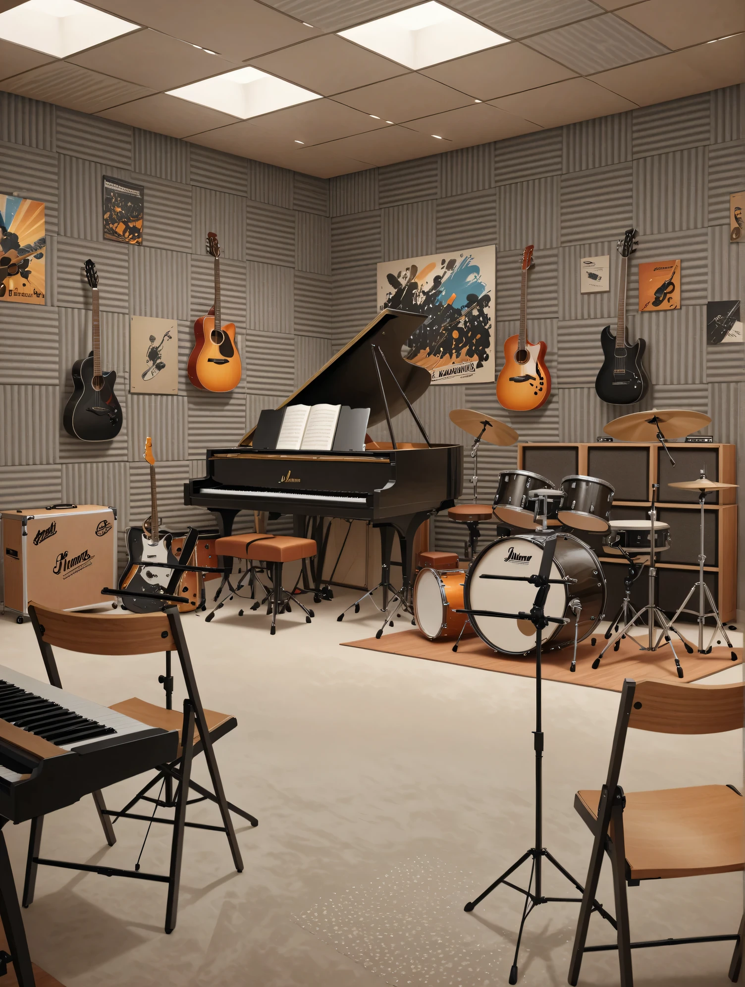 masterpiece, beautiful illustration, ultra details, cinematic, music room, musical instruments, soundproofing panels, guitars , music stands, chairs, drums , piano, posters