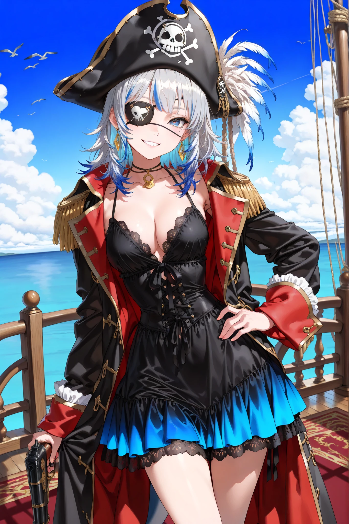 ((High Quality、masterpiece、最High Quality、very aesthetic))、((1girl))、((solo))、((is cool))、((beautiful eyes、Delicate Eyes 1 .4))、blue hair, gray hair, MULTI-COLOR HAIR、(shark、Pirate of the Shark)、shark hair accessory、On the deck of a pirate ship、Black Pirate Costume,is coolマント,is coolポーズ、 Beautiful female pirate (beautiful face、smiles softly 、blue eyes、Mini Length Flock Coat Style Dress、Pirate Hat、 skull design eye patch )、Beautiful Girl with a Black Gun、raging sea and lightning in the background、(animation: 1.5),Pirate Captain、 black frill blouse 、 Triangle Hat with Lace on Front 、 Rug Skirt 、 Triangular Hat with Feathers 、 Sparkling Gradient Eye Details 、 Shark Earrings 、 Background sun, Blue Sky