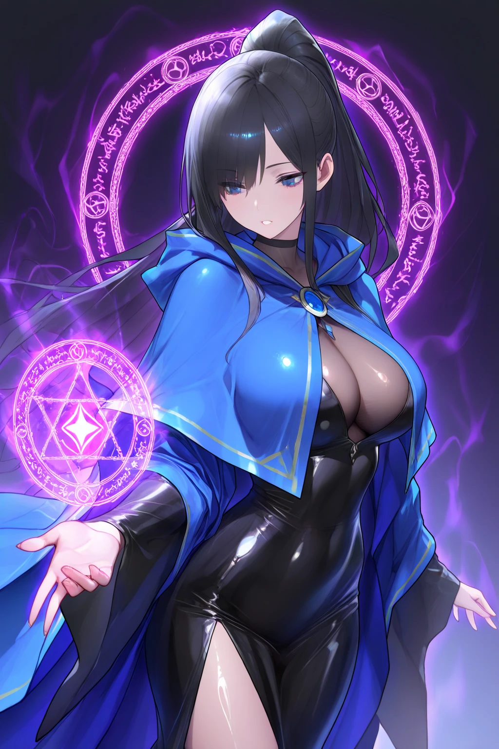 Nagato, anatomically correct, best quality, masterpiece, high quality, high details, highres, HD, (shaded face:1.2), hollow eyes, red eyes, looking at viewer, heavy breathing, lips, expressionless, black hair, long hair, huge breast, sagging breast, black strapless dress, cloak, black pantyhose, standing, upper body, "Vector art, Vivid colors, Clean lines, Sharp edges, Minimalist, Precise geometry, Simplistic, Smooth curves, Bold outlines, Crisp shapes, Flat colors, Illustration art piece, High contrast shadows, Technical illustration, Graphic design, Vector graphics, High contrast, Precision artwork, Linear compositions, Scalable artwork, Digital art"