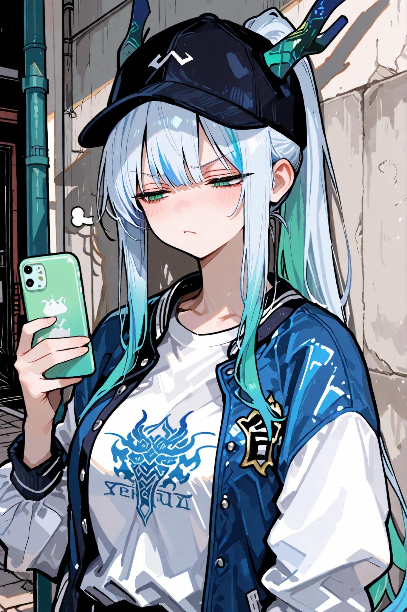 masterpiece, best quality, clear line drawing, 8k, cute, semi realistic, green eyes, cute, small, pretty, fully opened blue letterman jacket, white shirts, black cap, large breast, street background, very long ponytail hair, white blue hair, annoyed, angry, emotionless face, looking at smartphone, half closed eyes, east dragon horns, holding smartphone, front view
