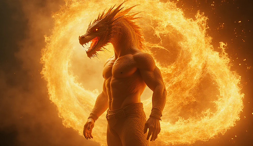 fire background, tall blonde man , green eyes , and a dragon 