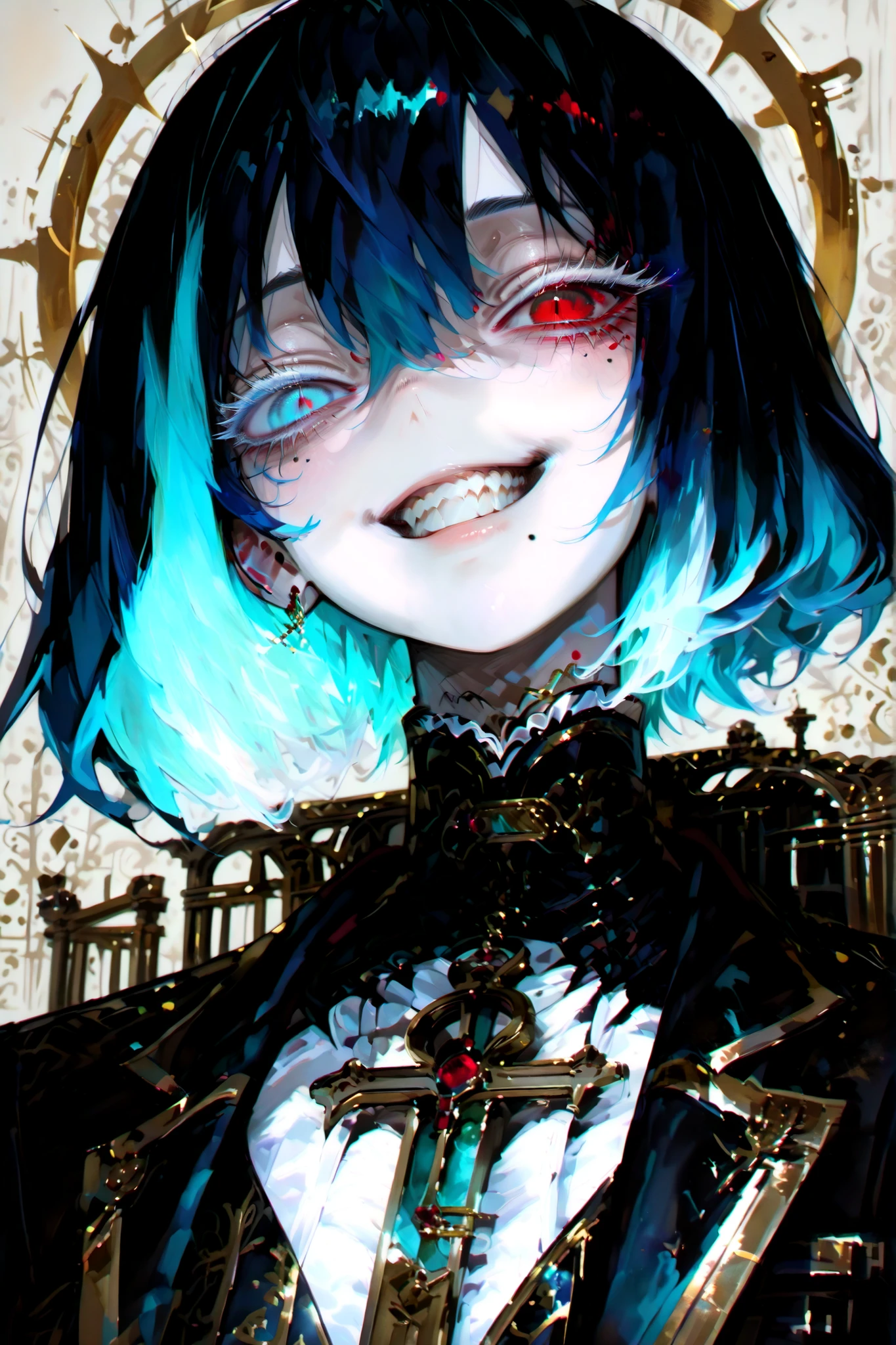 Highest Quality, ultra high definition, masterpiece 【Protagonist】、((solo, anime))、((womanhood)), laugh happily, long white hair, Turquoise Blue Hair、 ((Heterochromia, my left and right eyes are different colors、Red Eyes, blue eyes)), ((My eyelashes are white, white eyelashes)),  ((tsurime)), ((slant eyes)), Slit Pupils, with fair skin, Mole, viewers, Slit Pupils, with fair skin, Mole, viewers, ((front angle))、
(detailed face, Detailed Eyes, detailed hair), I'm staring at me with a kind smile、background gothic、shoes，tomboy， I have short black hair，Gold Noble Suit, golden light on background, soft diffused light on a light gray background，fresh and neutral beauty、Wear gold and black clothes、