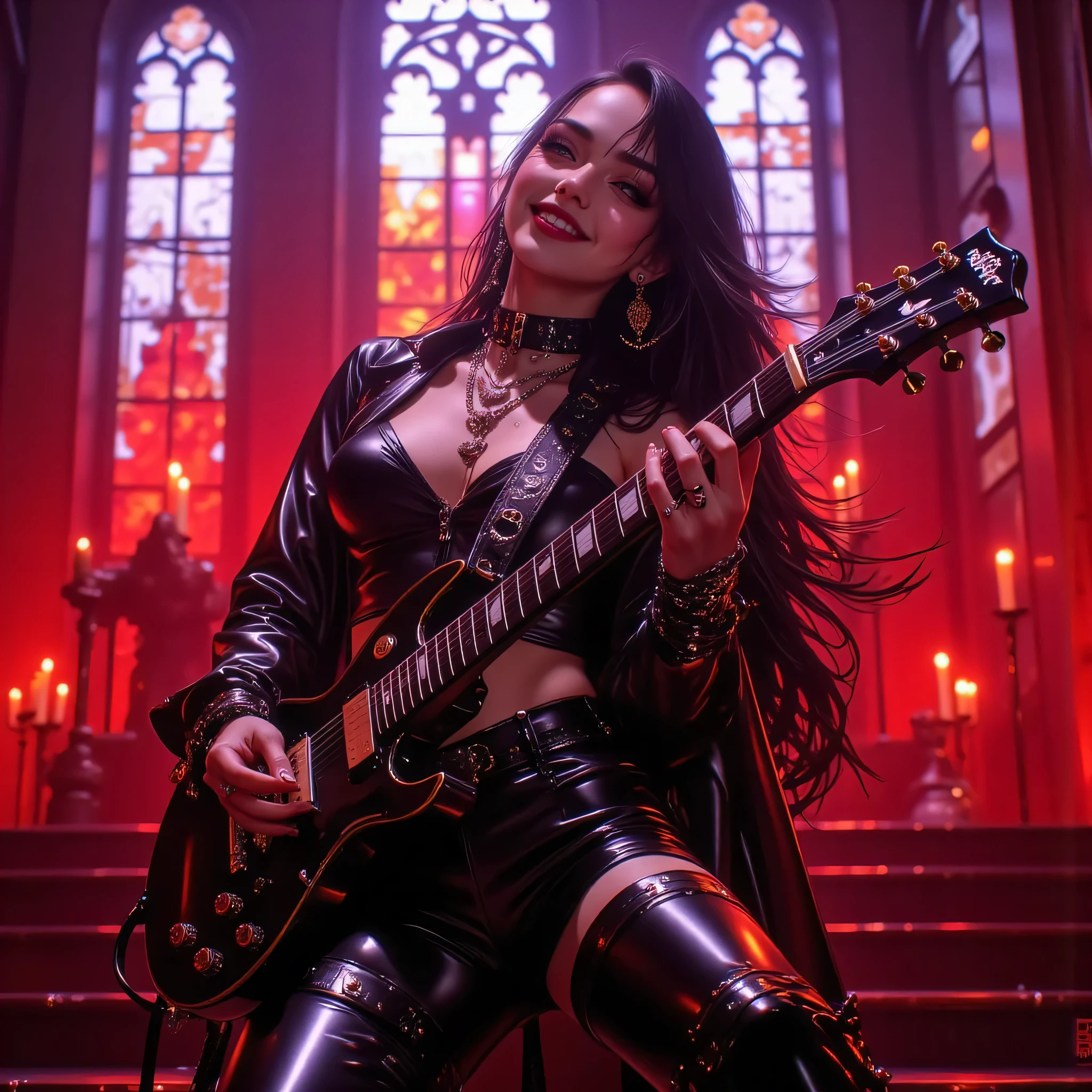 A stunning modern woman playing an electric guitar on a gothic concert stage, medium shot, realistic photo style, wearing tight black leather outfit with metallic details, soft studio lighting mixed with red and purple stage lights, beautiful sensual pose, confident smile, expressive eyes, long shiny hair flowing in motion, detailed makeup with smoky eyes, gothic architecture in the background with stained glass windows and candles, mist and spotlight effects, realistic reflections on the leather, cinematic composition, ultra-detailed textures, photorealistic skin tone, 8K resolution, perfect , no distortions, high-contrast shadows, depth of field, hyperrealistic photography, masterpiece.
Negative Prompt:
blurry, out of focus, deformed hands, extra limbs, watermark, text, low-quality, unrealistic skin, poorly drawn face, asymmetrical eyes, bad , mutated, distorted, overexposed, pixelated, cartoon, 3D render, flat lighting.