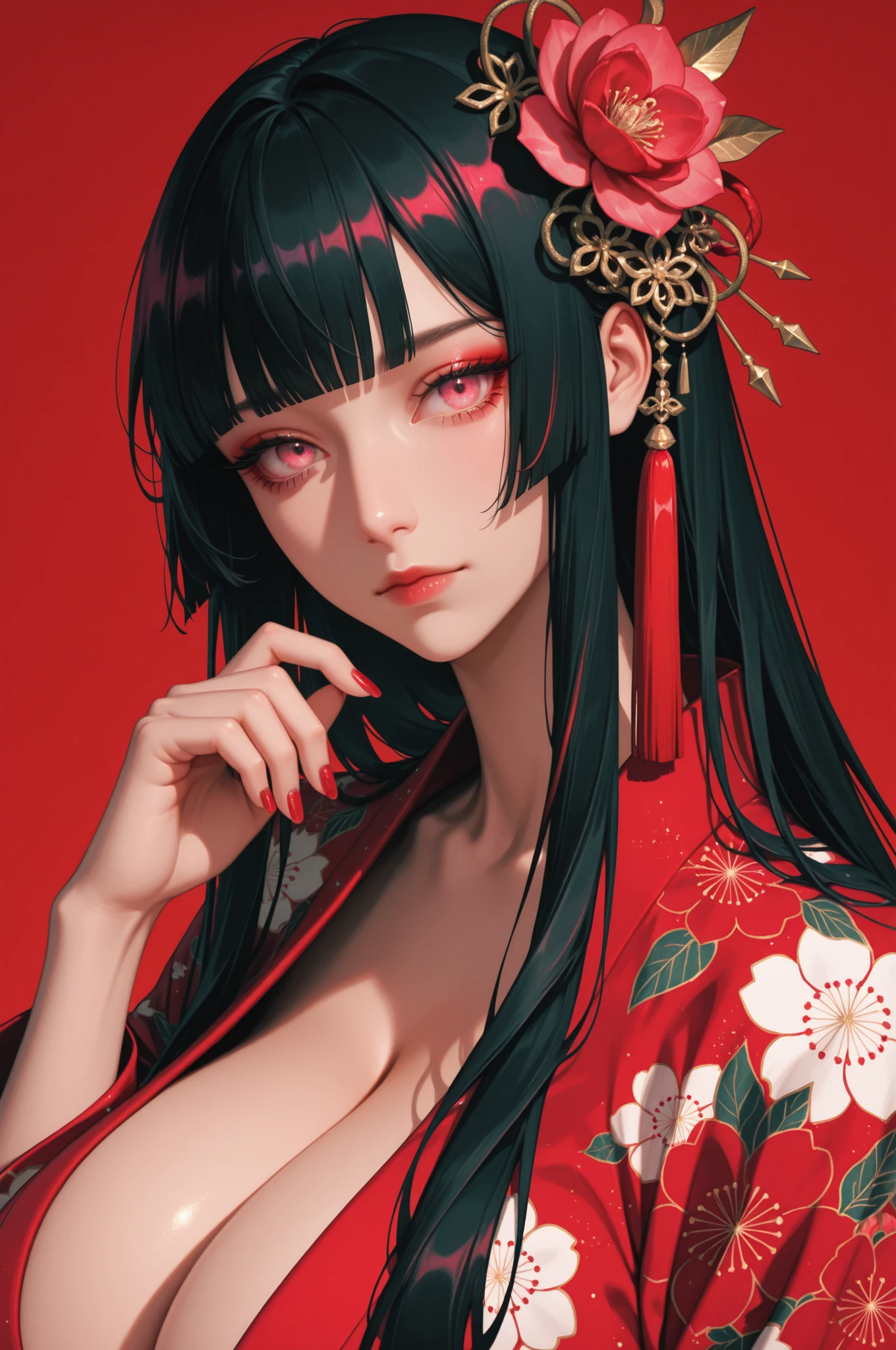 woman, solo, ethereal, crystal red nails, looking at viewer, bangs, pink eyes, long hair, black hair, hair ornament, hand up, flower, blunt bangs, closed mouth, tassel, ribbon, portrait, colorful, floral yukata, multicolored hair, upper body,  huge breasts, facing forward, simple background, red_background,
