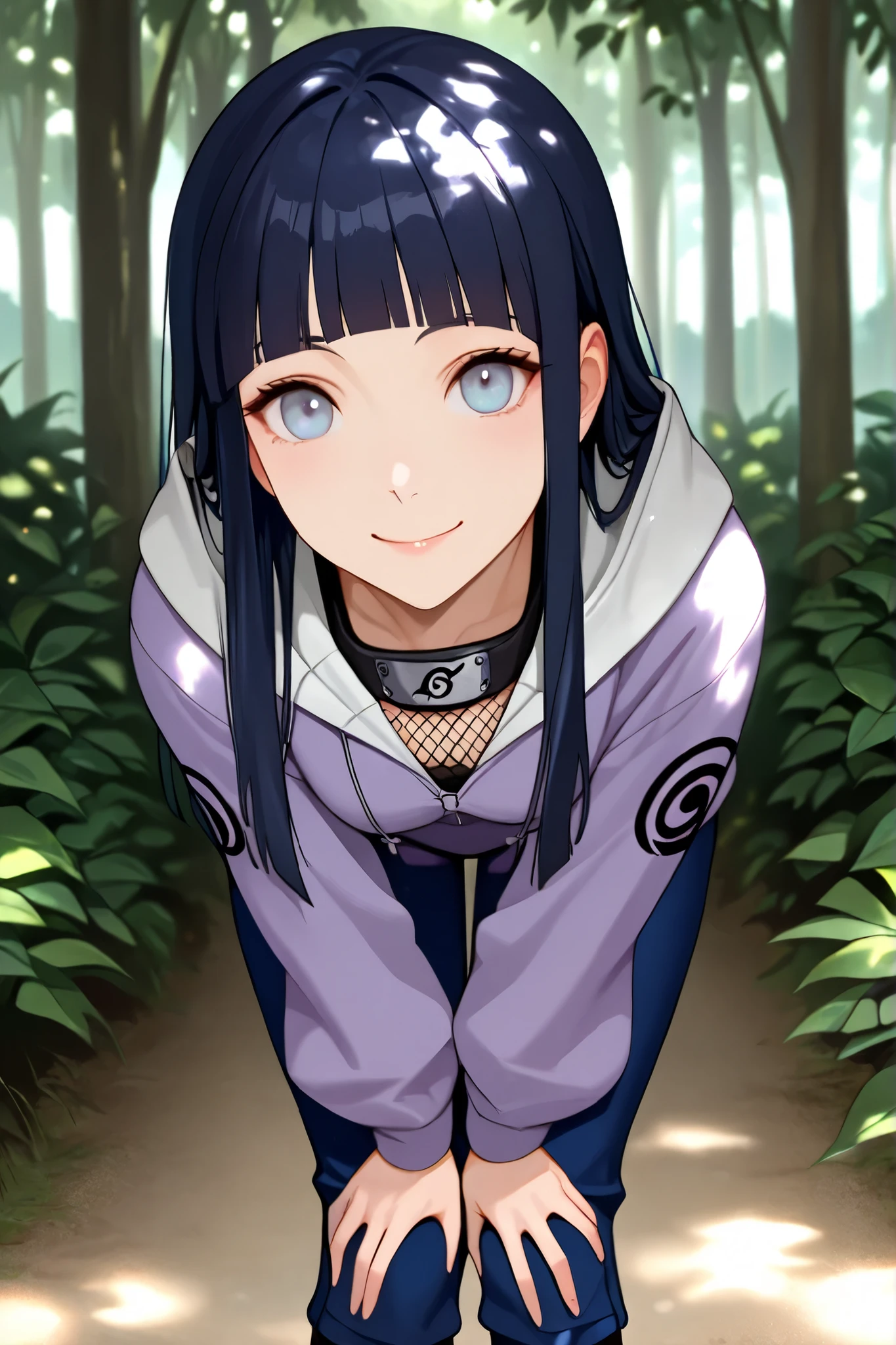 1girl,solo,looking at viewer,smile,Hinata Hyuga,long hair,blunt bangs,dark blue hair,light eyes,forehead protector,konohagakure symbol,purple and white hooded jacket,fishnets,blue pants,(leaning forward,hands on legs,outdoors,dappled sunlight:1.3),(dark:1),highres,absurdres,high resolution,amazing quality,VOLUMETRIC LIGHTING, DEPTH OF FIELD