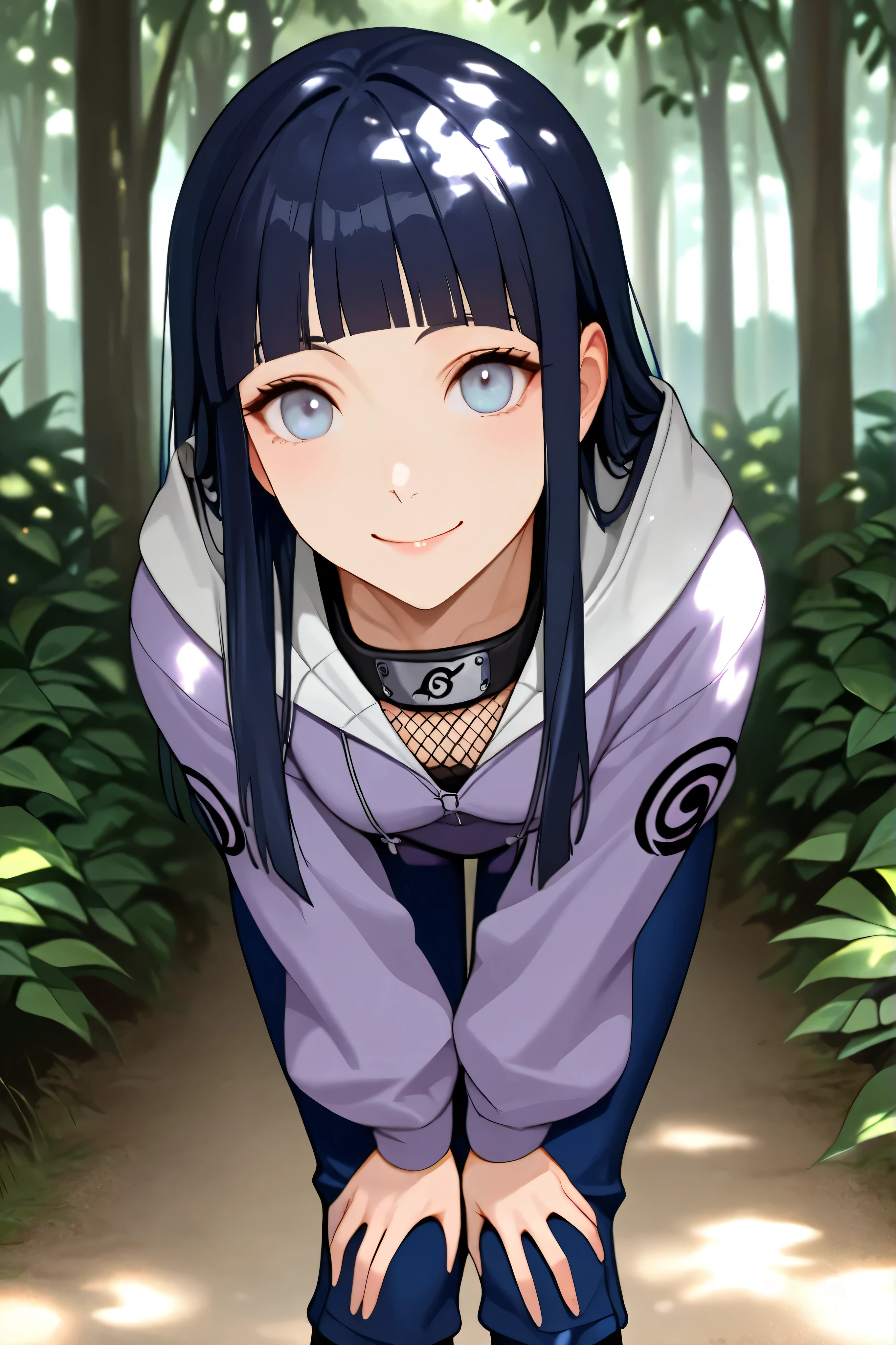 1girl,solo,looking at viewer,smile,Hinata Hyuga,long hair,blunt bangs,dark blue hair,light eyes,forehead protector,konohagakure symbol,purple and white hooded jacket,fishnets,blue pants,(leaning forward,hands on legs,outdoors,dappled sunlight:1.3),(dark:1),highres,absurdres,high resolution,amazing quality,VOLUMETRIC LIGHTING, DEPTH OF FIELD