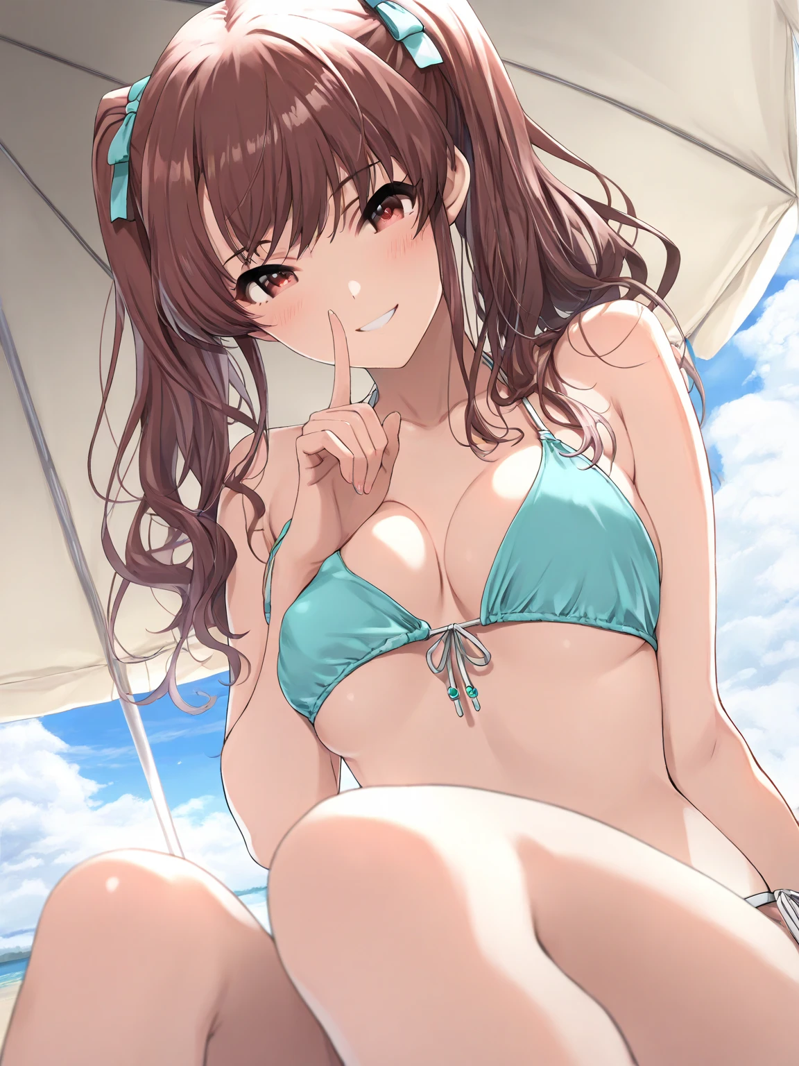 highest quality、one beautiful woman、beautiful ???????????、???? hands、barefoot、short hair、ponytail、(brown hair:1.3)、(((White and pink satin lace ?????????)))、beach、The clear light blue sea、big smile、???? pose、Wet textured skin、crawl ????????????, highest quality, High resolution, Very detailed CG, (perfect ???????), whole body