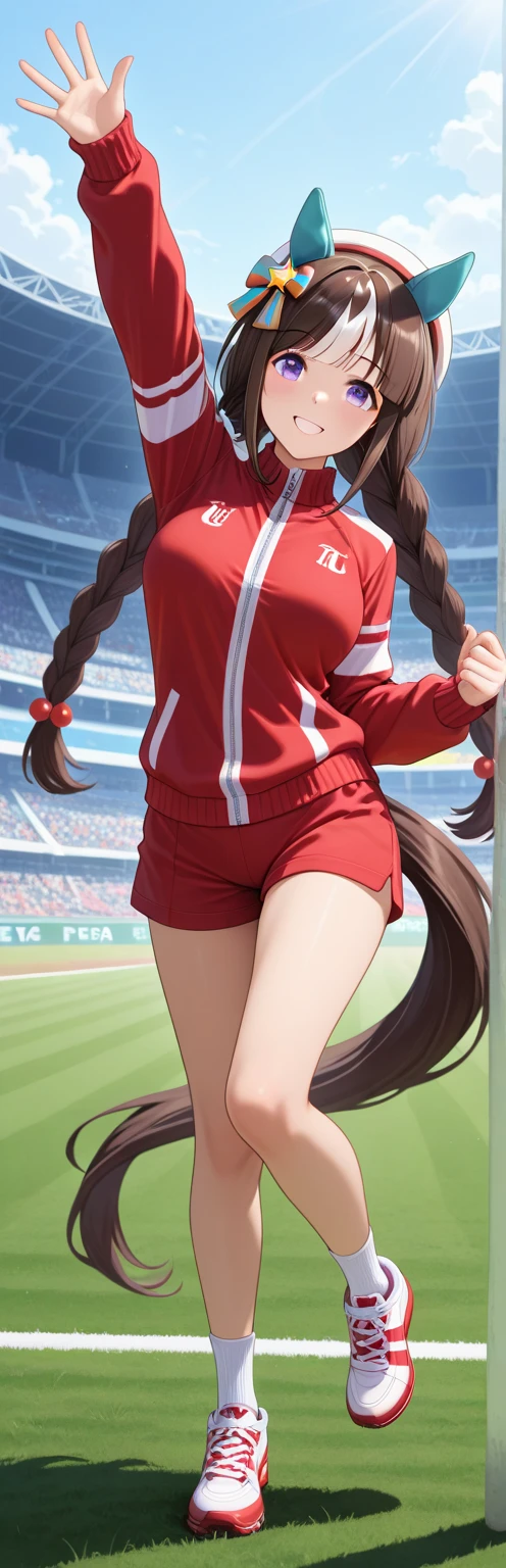 (masterpiece), high quality, (detailed background), 1girl, solo, long hair, high ponytail, sidelocks, ringed eyes, (looking at viewer:1.3), track outfit, Dynamic Model Pose