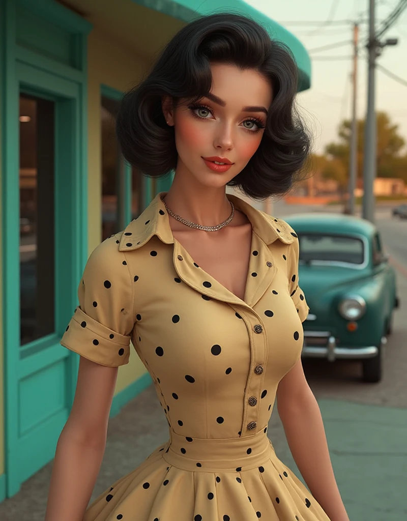 Create a hot sexy Pin up Girl with very short dress, 50s style