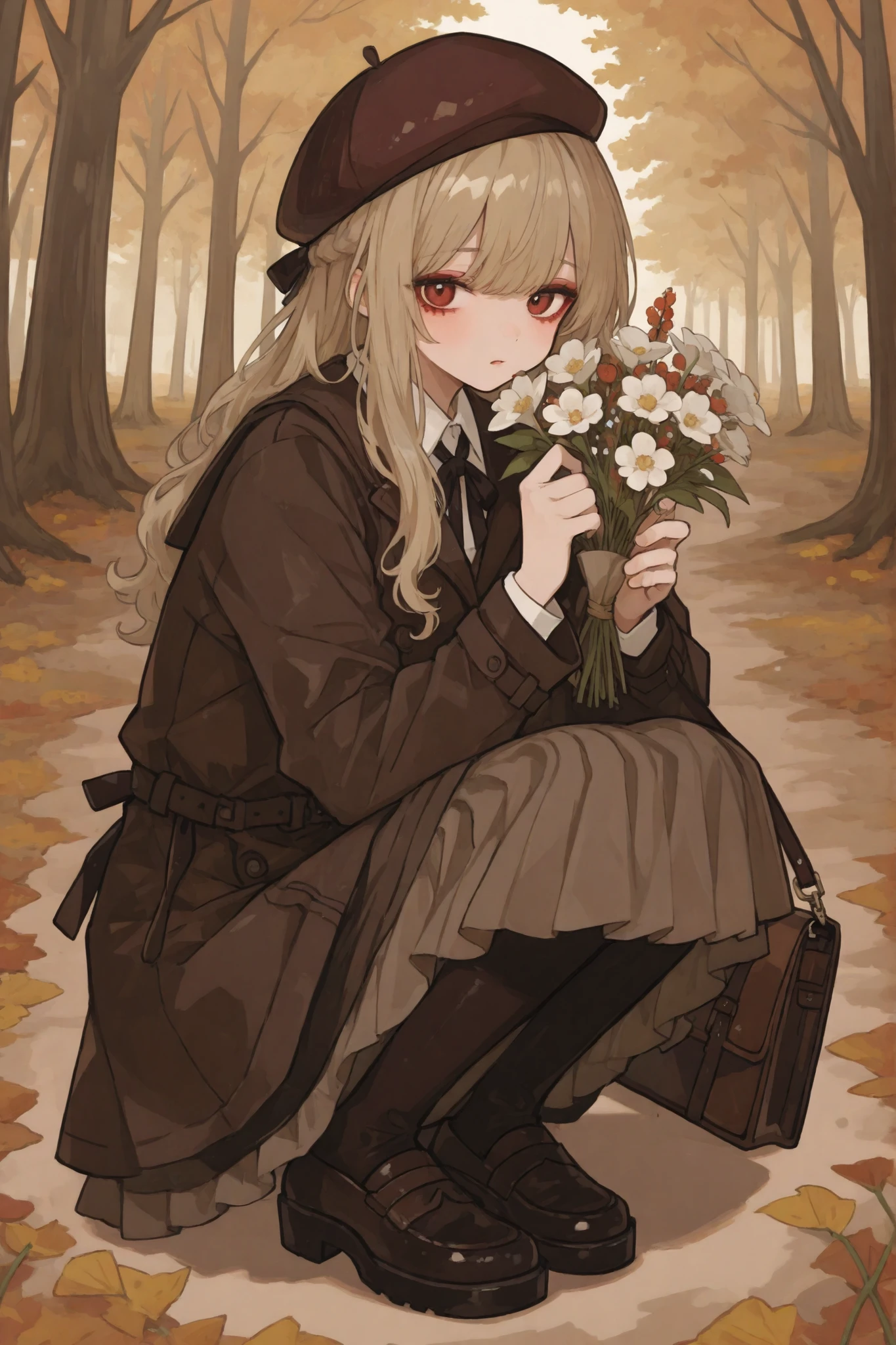 girl, layered dress, brown coat, vintage leather bag, a bouquet of dried flowers peeking out of the bag, brown beret, dark makeup, squatting pose, autumn city background, view of the forest
