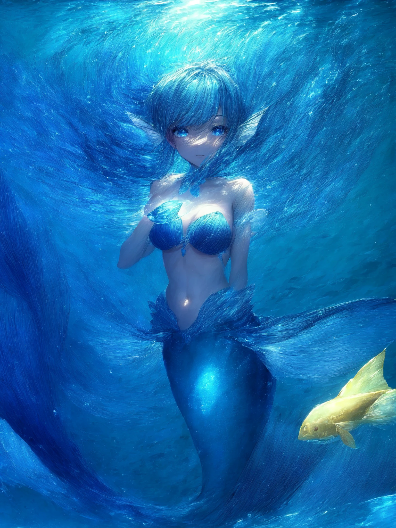 a beautiful anime mermaid with blue hair and a blue fishtail playing with a gold-glowing fish, vibrant blue underwater world, cel-rendering, soft contrast lighting, shallow depth of field, clean outlines