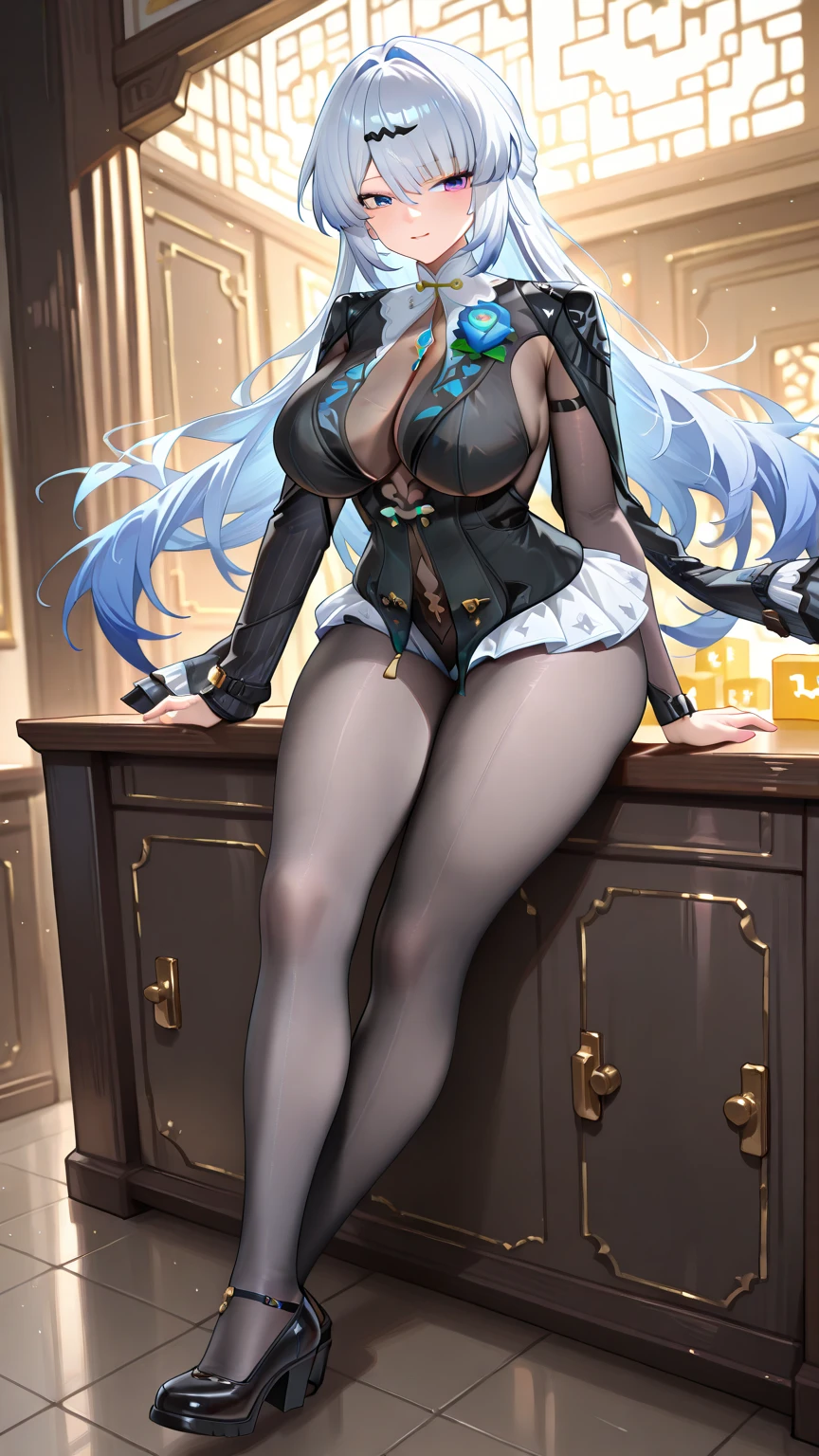 masterpiece,Highest Quality, Extremely Fine, beauty, Exquisite, 16K, Extreme skin texture, Full HD,
Profession:Sorceress
Hair Color:White Silver
Hairstyle:Long straight hair
Eyes:Sky Blue Eye Beads
Face:Face Red
Wearing:Purple Black Witch Hat with Head
Scarf:Star Pattern Long Scarf
Costume:Black Lace Sleeveless Dress Skirt Bottom 4-Piece Slit
Footwear:Black Transparency 50%Stockings
Charm:Chest Red Chinese Knot
Shoes:Purple Black High Boots
Giant Black Cat
Emphasis:witch hips on cat's body
Background:starry night