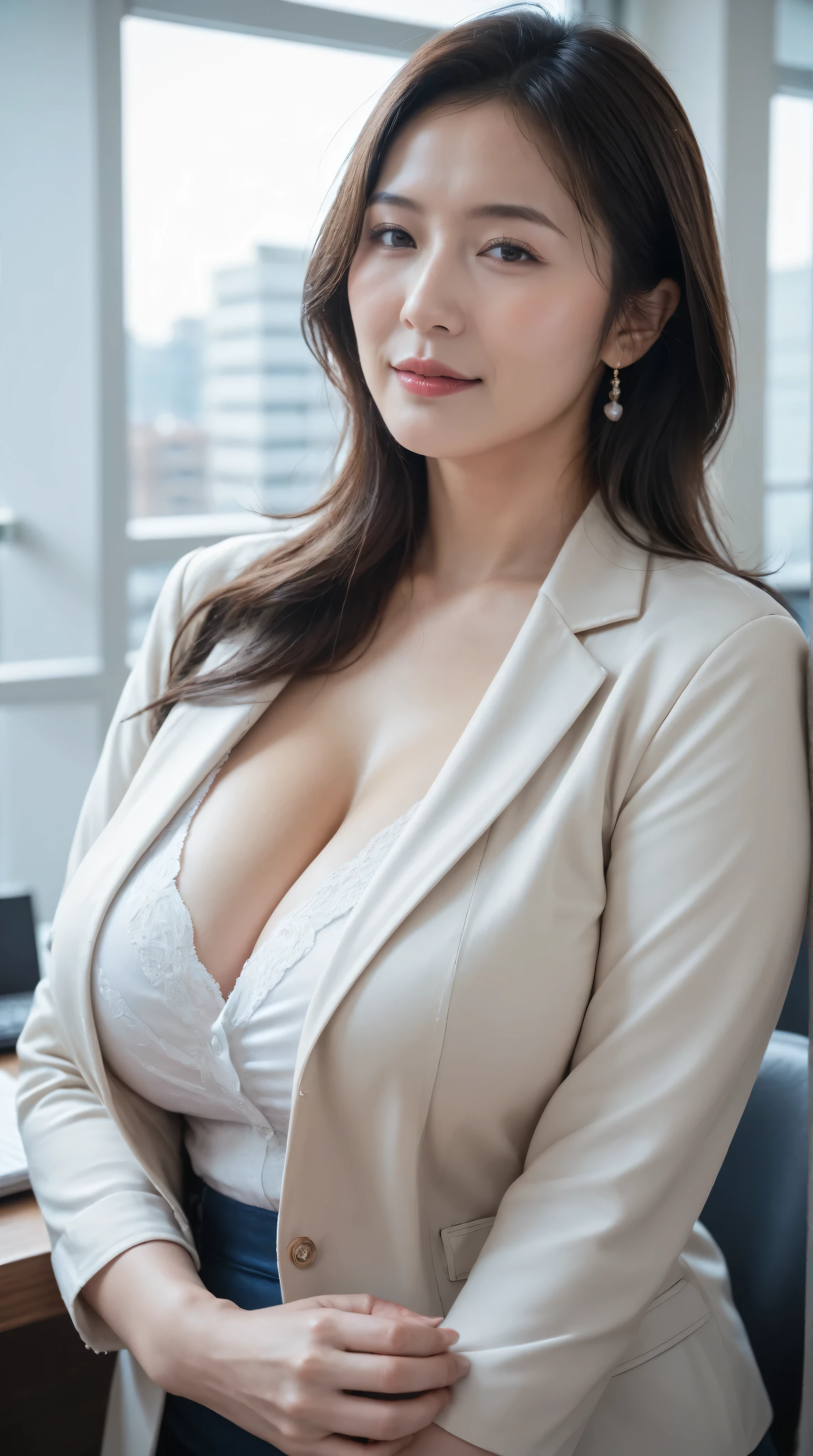 cowboy shot:1.2,(Highest Quality, 8k, masterpiece, photorealistic, high resolution), beautiful Japanese mature woman, 40 years old,office casual,portrait.