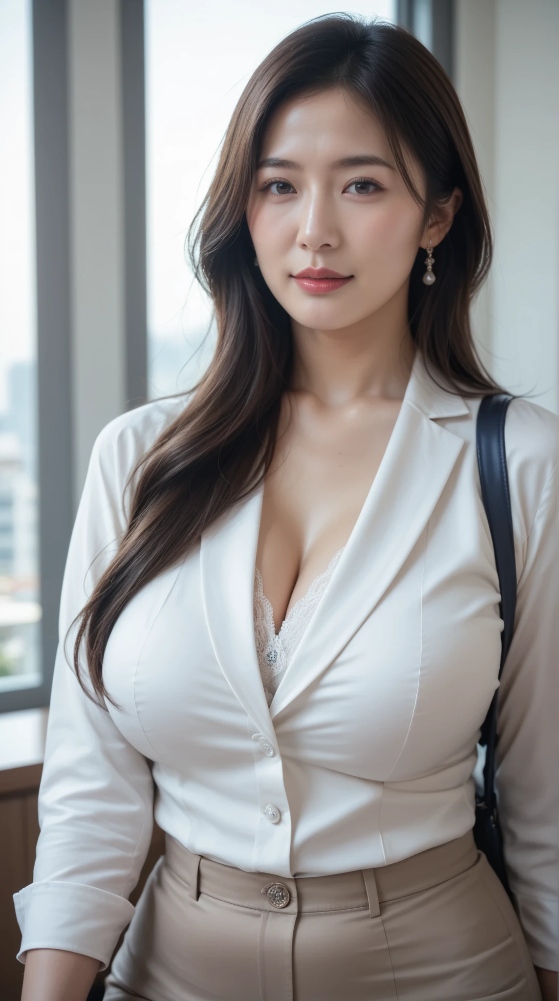 cowboy shot:1.2,(Highest Quality, 8k, masterpiece, Realistic, high definition), beautiful Japanese mature woman, 40 years old,office casual,portrait.