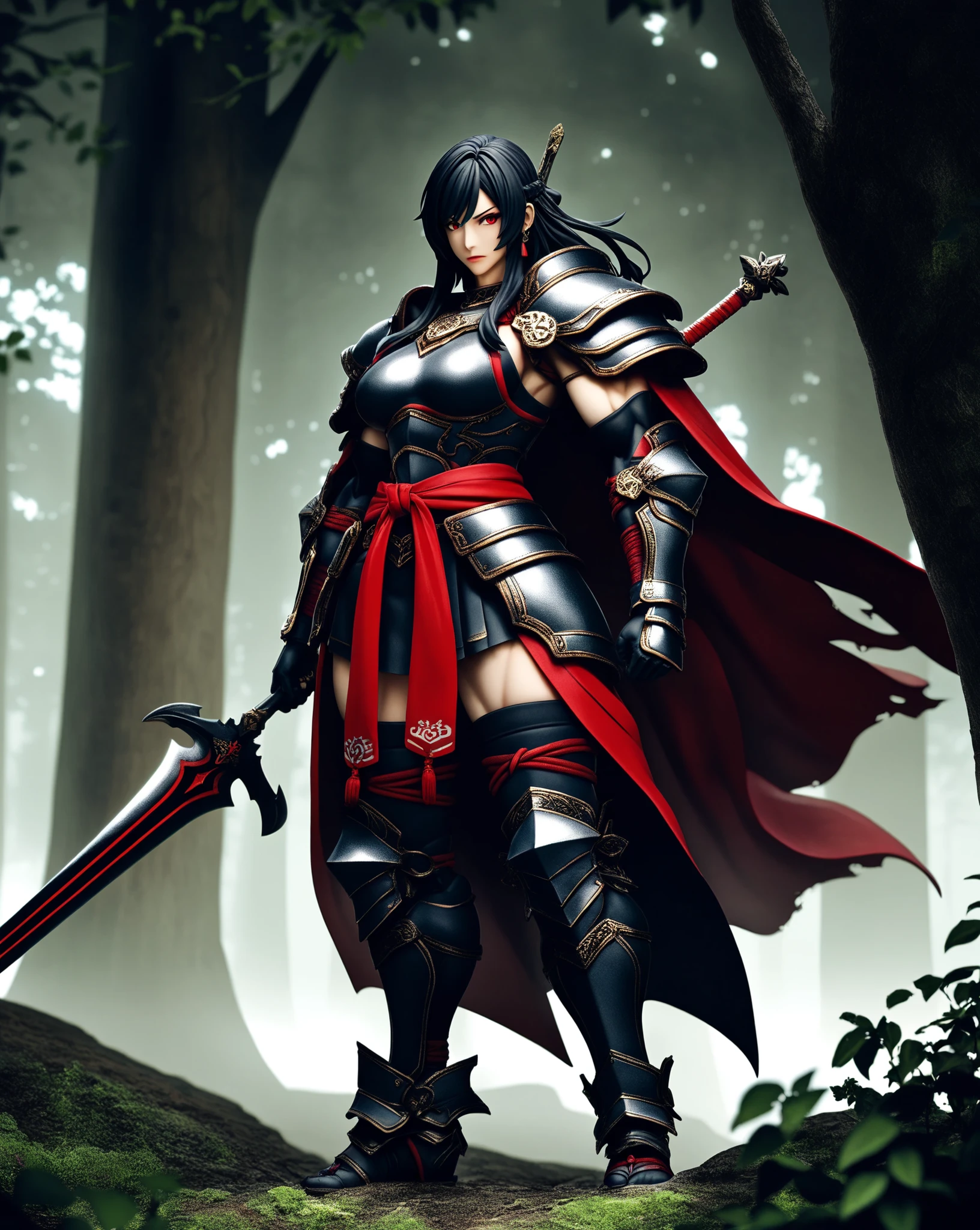 High Quality, masterpiece, ultra high definition, One Woman, Muscular Body, Long Purplish Black Hair, Sharp red eyes, mature expression, Faces with Ancient Wisdom, Japanese-style costume like armor, Red and Black Color Palette,  A design that exposes the pauldrons, Loindo-style Ornament wrapped around the waist, Warriors Who Manipulate Nature's Forces, Carrying Huge Spears and Swords, Figure Standing in the Forest, Mysterious Atmosphere, Coexistence of Strength and Elegance, Ancient Guardians