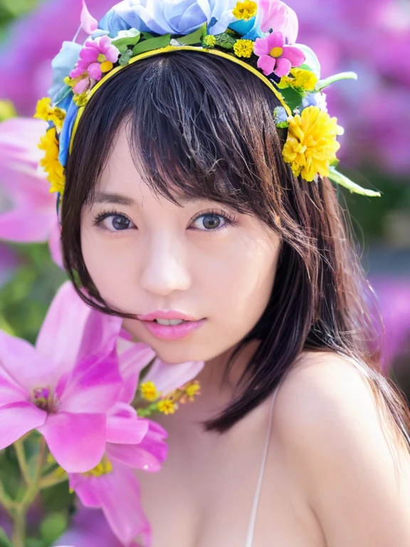 A hydrangea garden shrouded in a fantastic morning mist、Illustration of a Japanese woman strolling、Short black hair、Her  features resemble those of Tsubaki Sannomiya、Coquettish feeling、A gentle expression with a touch of sadness、Small earrings and a matching necklace、Sleeveless white dress、The skirt is fluttering in the wind
