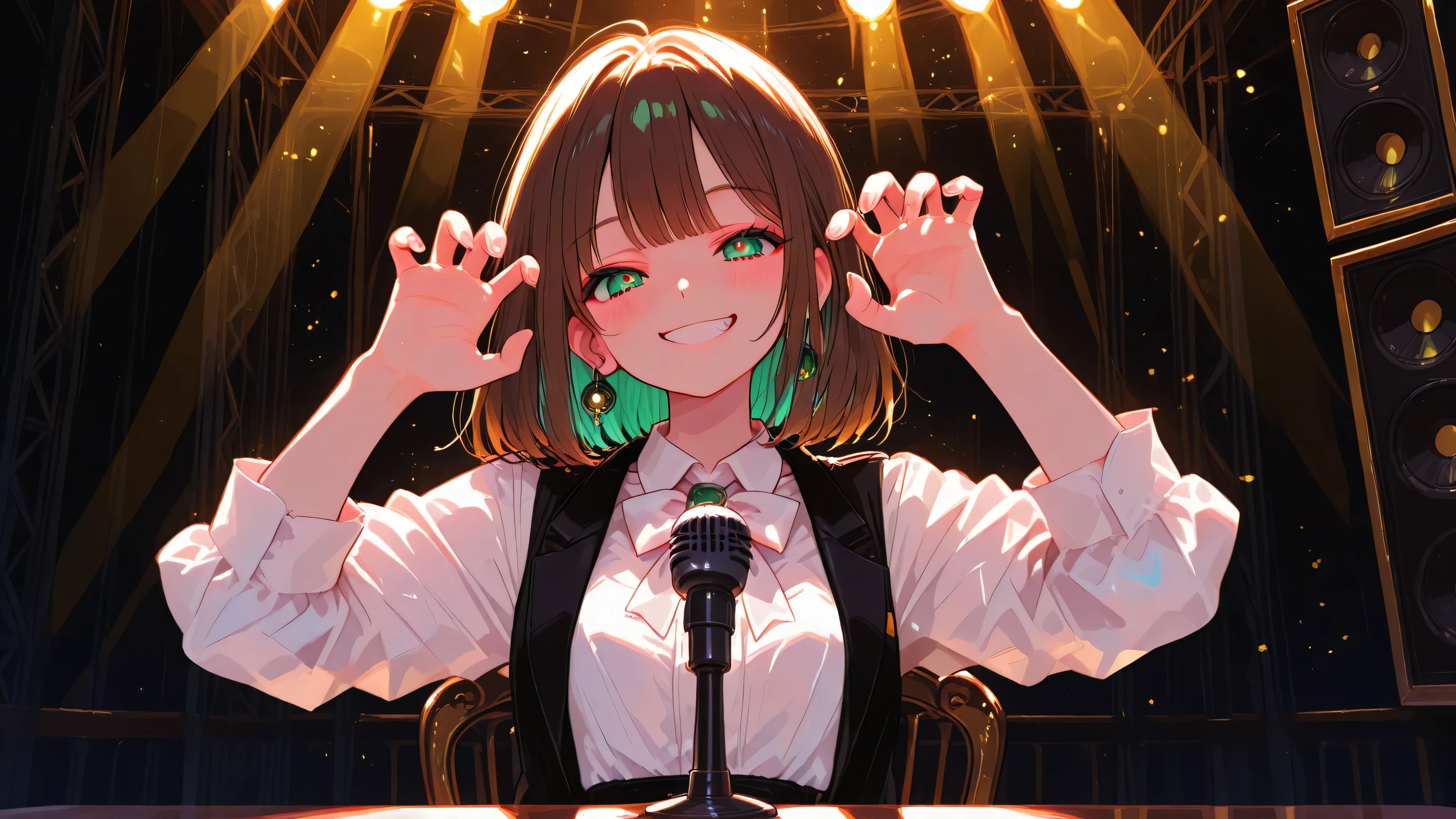 masterpiece, best quality, newest, absurdres, highres,
1girl, solo, half body or medium full body, short dark brown hair, shiny beautiful green eyes, lively and expressive eyes with bright reflections,
joyful smile, relaxed and cheerful expression, enjoying the music,
wearing elegant black tuxedo with white shirt and bow tie, stylish and retro-modern vibe,
sitting casually on a large black sound speaker, confident and groovy pose,
vintage microphone and stage lights in background,
colorful but soft lighting with warm golden glow,
music atmosphere, jazz or swing stage vibe,
modern anime style with cinematic composition,
beautiful detailed face, perfect ,
focus on her expressive eyes and joyful smile,
retro aesthetic, energetic but cozy atmosphere,
no earphones, no extra hands, no extra fingers, no extra limbs