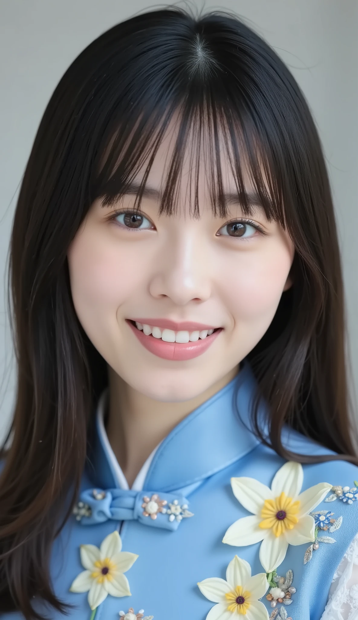 8k、Ultra Precise Rendering、Pictureの品質、 Top quality , Picture, detail eyes、 intricate details ,RAW Picture、natural makeup、Sparkling eyes、cute face、Smile Yan、very white skin、thin waist、blue daffodil, with elaborate and detailed embroidery all over , to reach the climax、Angle to knee、 medium full shot from an oblique front、blue daffodil、 Vietnamese National Clothes ,カメラ目線、濃いアイメイク、薄い茶髪、無表情、口を閉じている