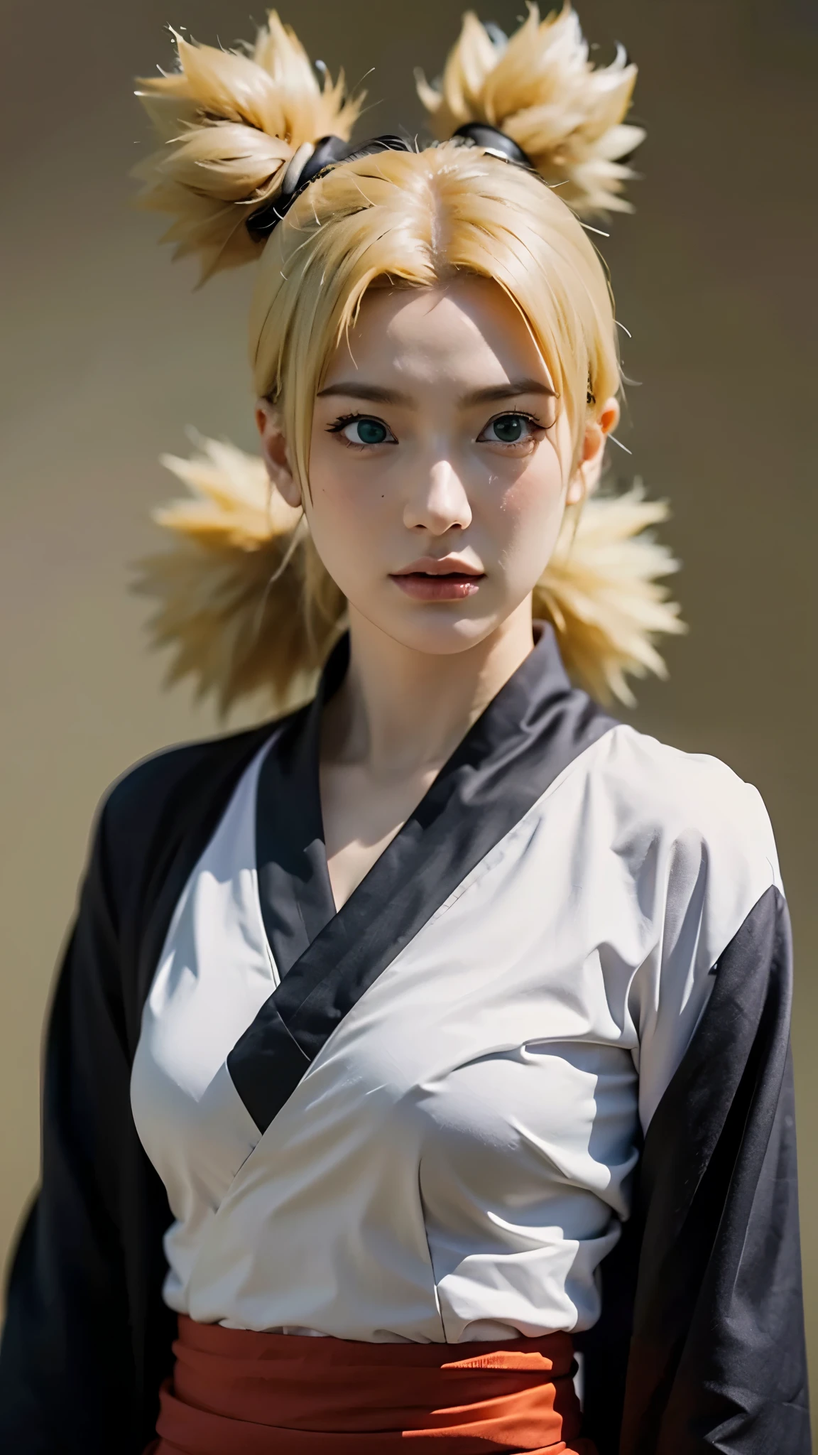 Temari from Naruto Shippuden, half-body portrait, realistic and ultra-detailed, HD quality. She has blonde hair tied into four spiky ponytails, wear black kimono, wearing her signature dark purple battle outfit with a beige sash and a giant folding fan visible behind her. Sharp green eyes, confident expression, soft natural lighting, cinematic realism, intricate fabric textures, detailed skin tones, ultra-high resolution, hyperrealistic anime-to-real-life style