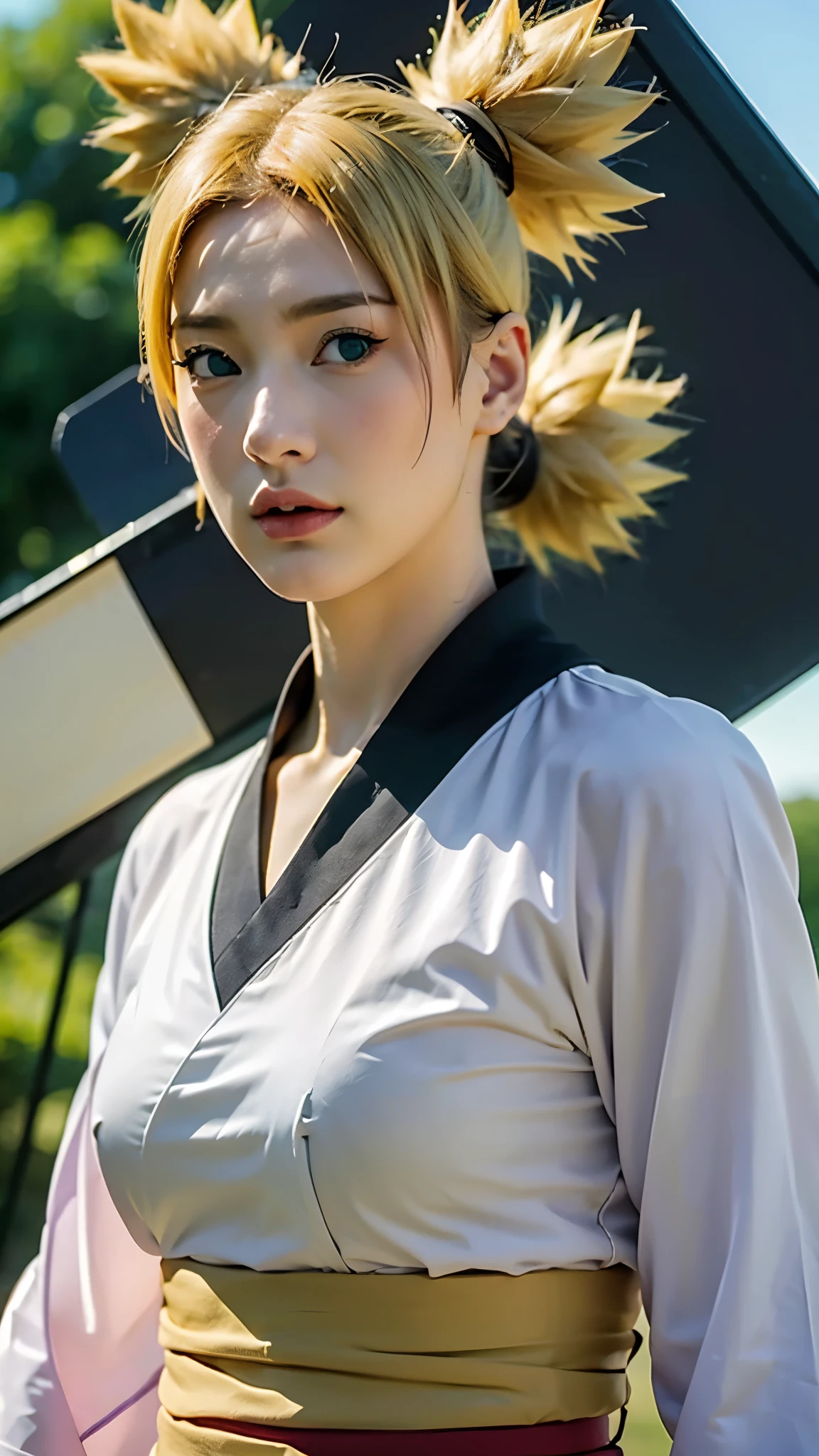 Temari from Naruto Shippuden, half-body portrait, realistic and ultra-detailed, HD quality. She has blonde hair tied into four spiky ponytails, wear black kimono, wearing her signature dark purple battle outfit with a beige sash and a giant folding fan visible behind her. Sharp green eyes, confident expression, soft natural lighting, cinematic realism, intricate fabric textures, detailed skin tones, ultra-high resolution, hyperrealistic anime-to-real-life style