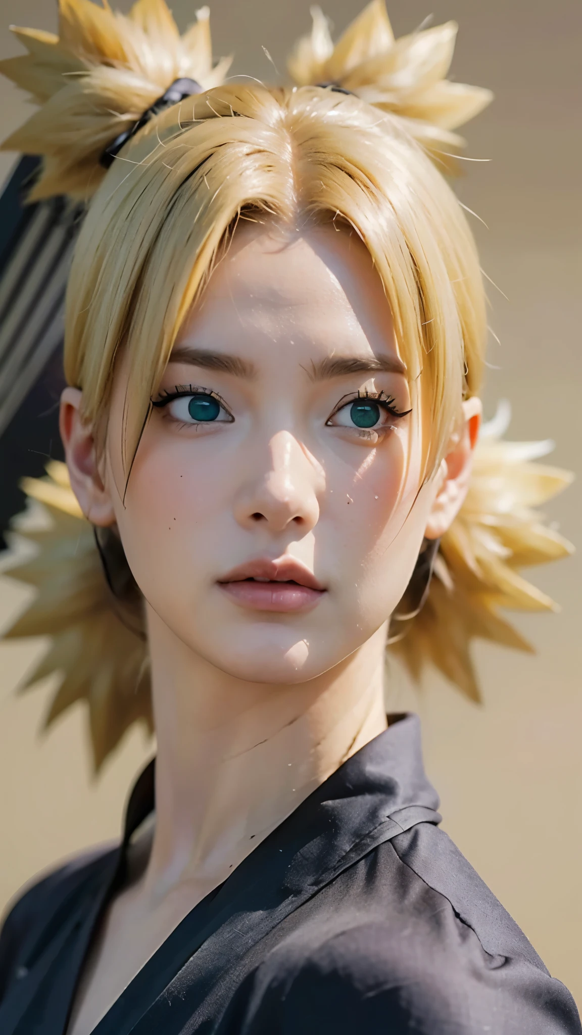 Temari from Naruto Shippuden, half-body portrait, realistic and ultra-detailed, HD quality. She has blonde hair tied into four spiky ponytails, wear black kimono, wearing her signature dark purple battle outfit with a beige sash and a giant folding fan visible behind her. Sharp green eyes, confident expression, soft natural lighting, cinematic realism, intricate fabric textures, detailed skin tones, ultra-high resolution, hyperrealistic anime-to-real-life style