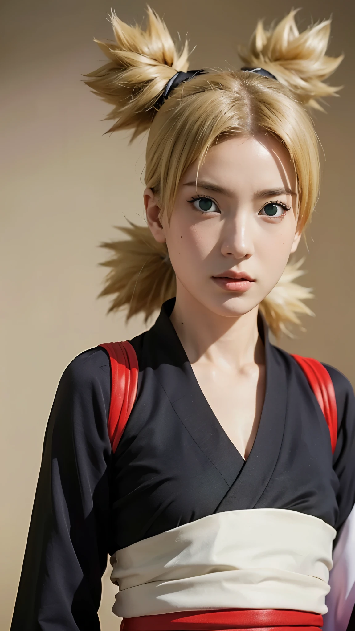 Temari from Naruto Shippuden, half-body portrait, realistic and ultra-detailed, HD quality. She has blonde hair tied into four spiky ponytails, wear black kimono, wearing her signature dark purple battle outfit with a beige sash and a giant folding fan visible behind her. Sharp green eyes, confident expression, soft natural lighting, cinematic realism, intricate fabric textures, detailed skin tones, ultra-high resolution, hyperrealistic anime-to-real-life style