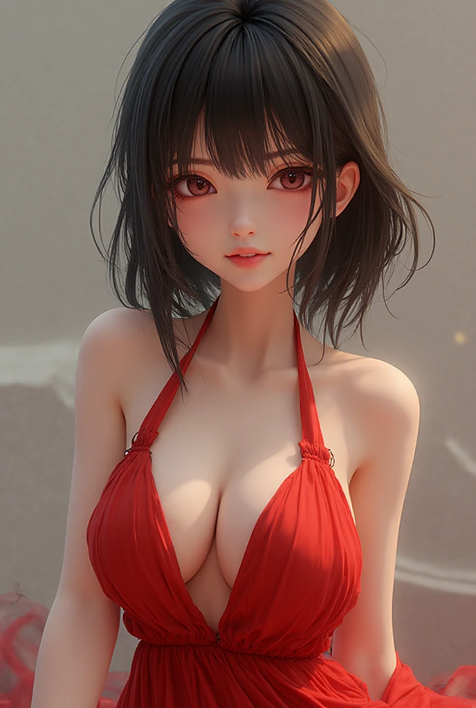 realistic, girl single, black hair, ponytail, sexy, sexy, red bikini, sitting, sun, sunlight, seaside, beach, real,