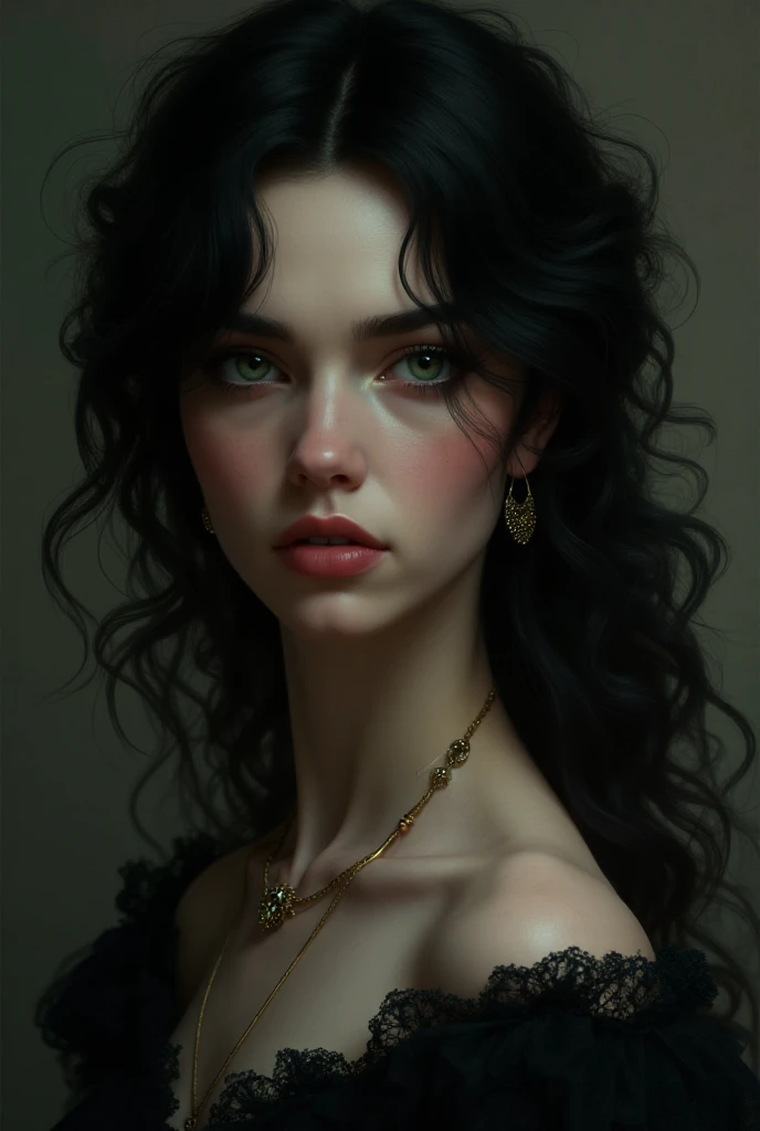can you create a image of a girl with a dark, long and wavy hair, fair skinned, thick brows, big eyes slightly slanted, in a wine red gown with gold accessories