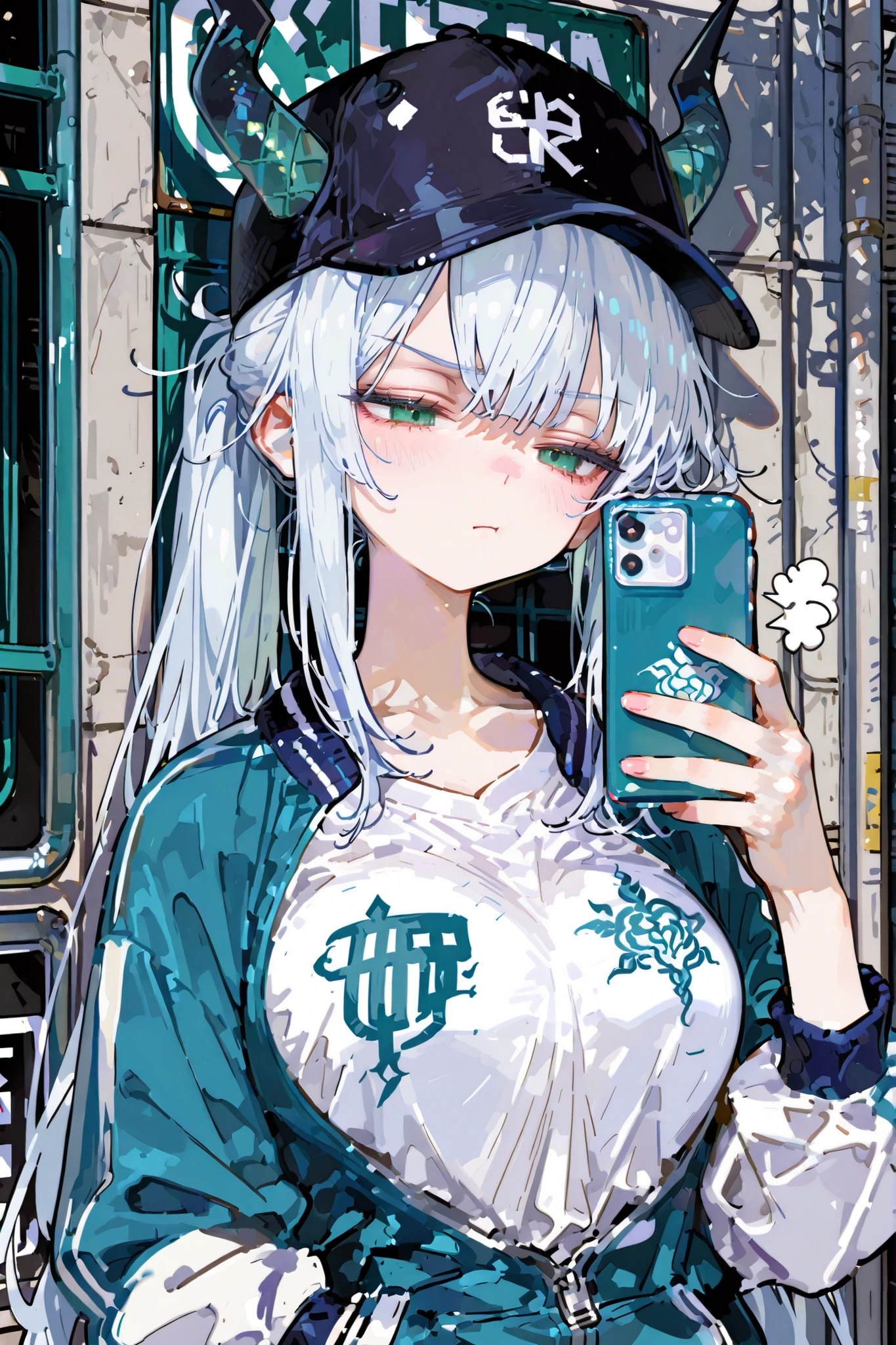 masterpiece, best quality, clear line drawing, 8k, cute, semi realistic, green eyes, cute, small, pretty, fully opened blue letterman jacket, white shirts, black cap, large breast, street background, very long ponytail hair, white blue hair, annoyed, angry, emotionless face, looking at smartphone, half closed eyes, east dragon horns, holding smartphone, front view