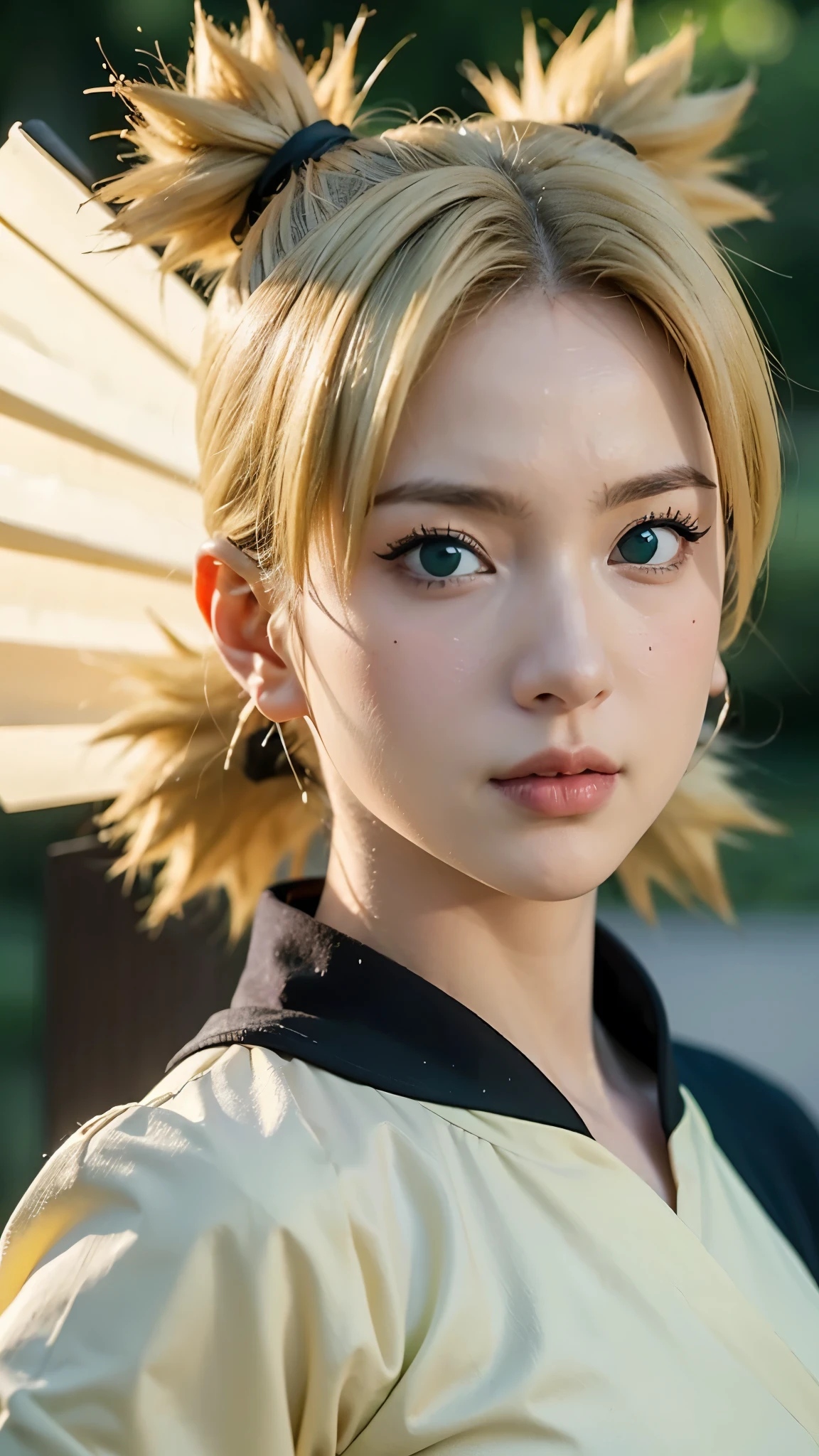 Temari from Naruto Shippuden, half-body portrait, realistic and ultra-detailed, HD quality. She has blonde hair tied into four spiky ponytails, wear black kimono, wearing her signature dark purple battle outfit with a beige sash and a giant folding fan visible behind her. Sharp green eyes, confident expression, soft natural lighting, cinematic realism, intricate fabric textures, detailed skin tones, ultra-high resolution, hyperrealistic anime-to-real-life style