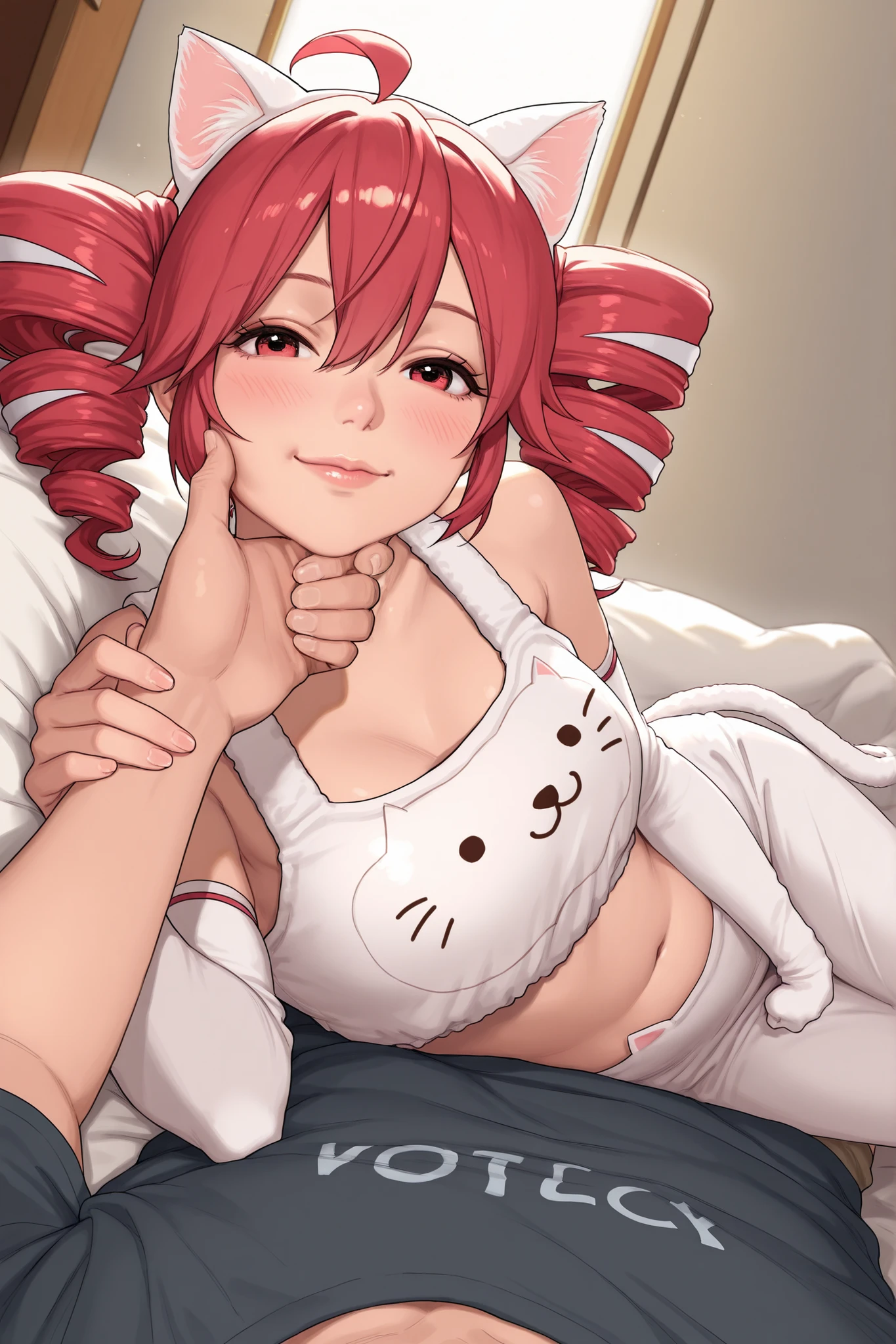 1girl, venus body, tummy, on side, lying, from side, resting head, happy, lips, kasane teto(vicaloid), cat cosplay, resting on chest, lean back, looking at viewer, head on pov chest, snuggle, flirt, romantic atmosphere, happy, cozy, male pov, povoverShoulder, pov hands, pov arms, caressing, lying on lap, rest, comfort, reach around, headpat, realistic, lying on side, chin grab