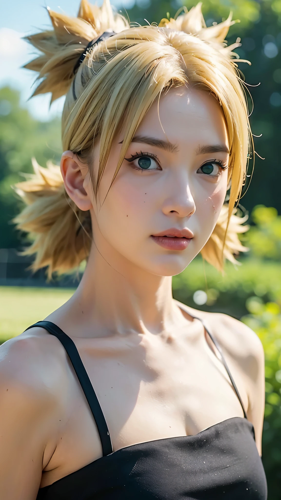 Temari from Naruto Shippuden, half-body portrait, realistic and ultra-detailed, HD quality. She has blonde hair tied into four spiky ponytails, wear black kimono, wearing her signature dark purple battle outfit with a beige sash and a giant folding fan visible behind her. Sharp green eyes, confident expression, soft natural lighting, cinematic realism, intricate fabric textures, detailed skin tones, ultra-high resolution, hyperrealistic anime-to-real-life style