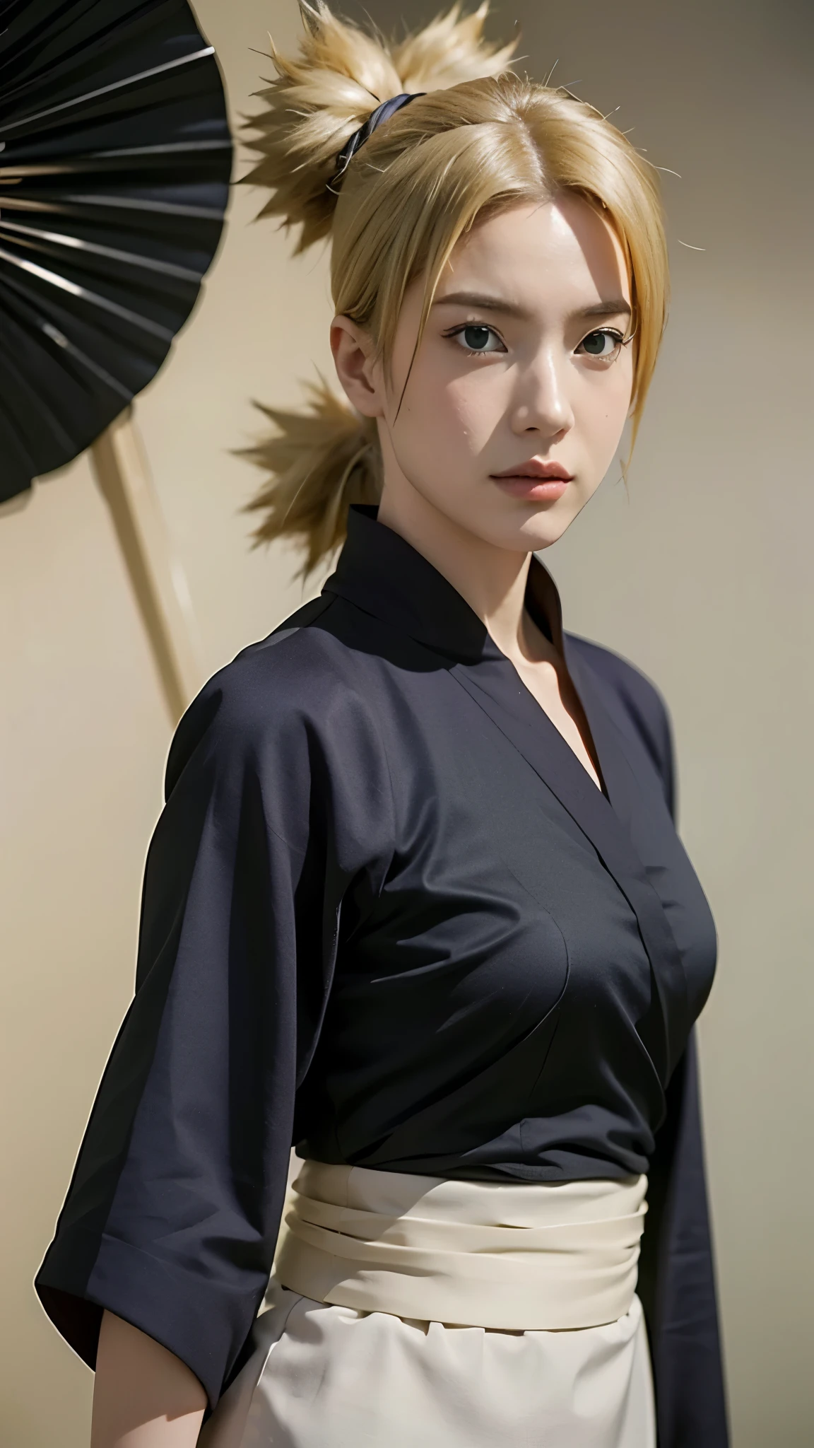 Temari from Naruto Shippuden, half-body portrait, realistic and ultra-detailed, HD quality. She has blonde hair tied into four spiky ponytails, wear black kimono, wearing her signature dark purple battle outfit with a beige sash and a giant folding fan visible behind her. Sharp green eyes, confident expression, soft natural lighting, cinematic realism, intricate fabric textures, detailed skin tones, ultra-high resolution, hyperrealistic anime-to-real-life style
