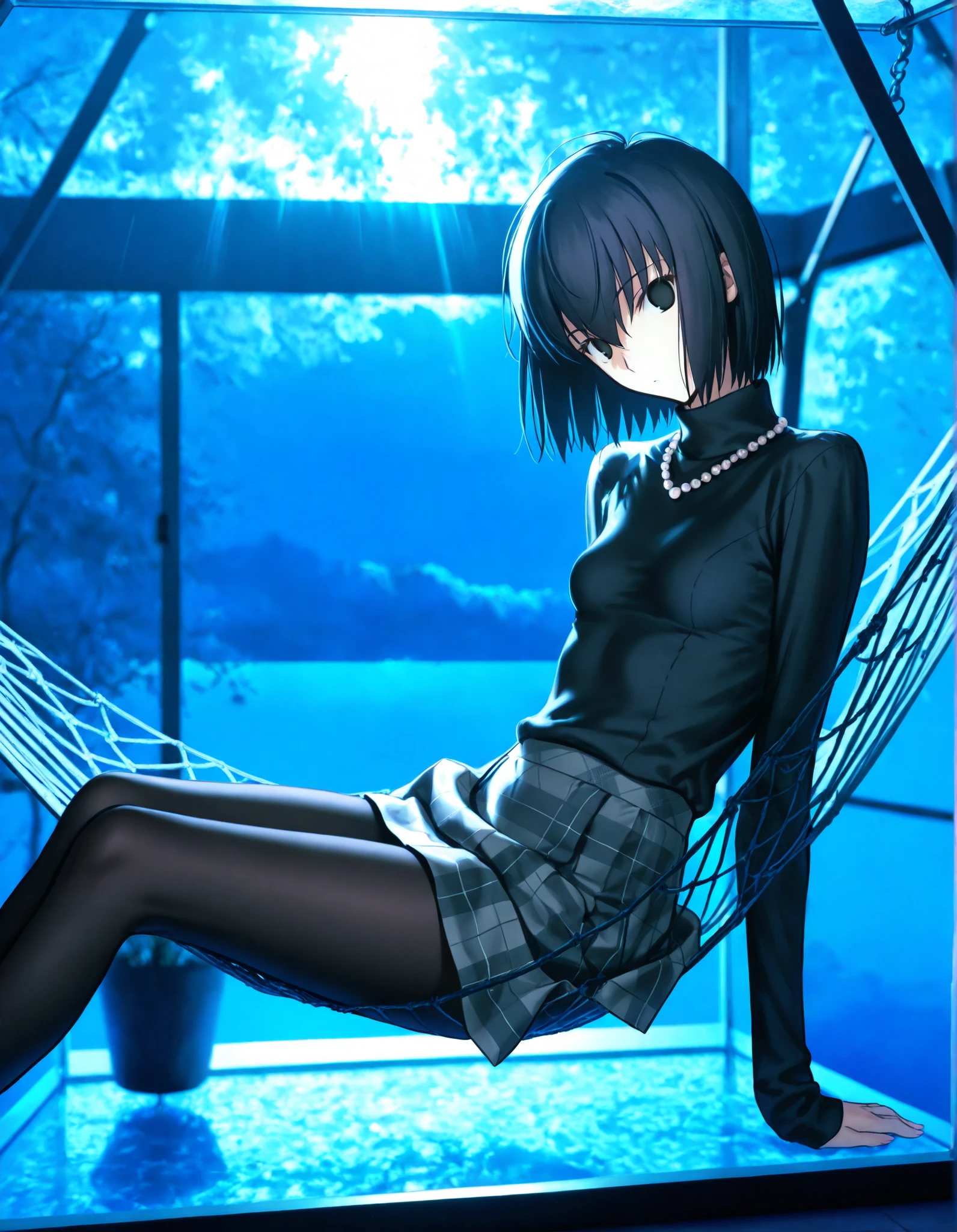 masterpiece, , absurdres, highres, detailed background, high resolution, necessary, detail, best quality, quality, details, High details, Precise, 8k, (flat color),(glass room) ,photo background, blurry background,((sunlight,)), from side, ,(dark ,blue hour),
1girl, solo, (type-moon,) style, koyama hirokazu style, (aged up:1.2) ,, (sitting on hammock),(head tilt),(), ,
tall girl, ,long arms,(slim body, ),<lora:alice kuonji:1> , <lora:witch on the holy night style:1> ,kuonji alice ,black hair ,short hair ,hair between eyes ,black eyes, , (no pupil), , Alice_Casual, black sweater, turtleneck, pearl necklace, grey plaid skirt, check skirt, black pantyhose, ,looking at viewer, small breasts, skirt lift,