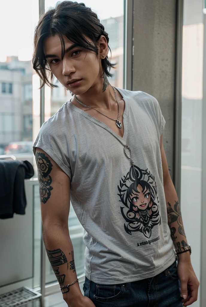 20-year-old Native American boy, blue-black hair, short blue sleeveless shirt, open black military vest, trident print, slim muscular complexion, black jeans, looking straight at the viewer, blue eyes, dragon medallion, blue bead bracelets on both arms, in the background of a cemetery at night 