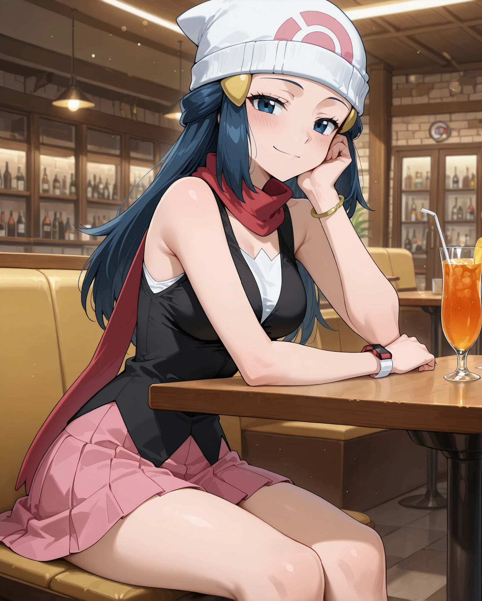	Dawn \Pokemon\, long hair, dark blue hair, 

beanie, white headwear, hat, 
scarf, red scarf, 
shirt, black shirt, bare shoulders,
white undershirt, 
pleated skirt, pink skirt, mid lenght skirt, kneehigh skirt, 
bracelet, 

happy, seductive expression, looking at viewer, solo, 
sitting at table, front view, crossed legs, head resting on hand, 

restaurant, drinks, 
1 beautiful girl, 

cute anime waifu, mature anime female, thin body, anime screenshot, medium breasts, 