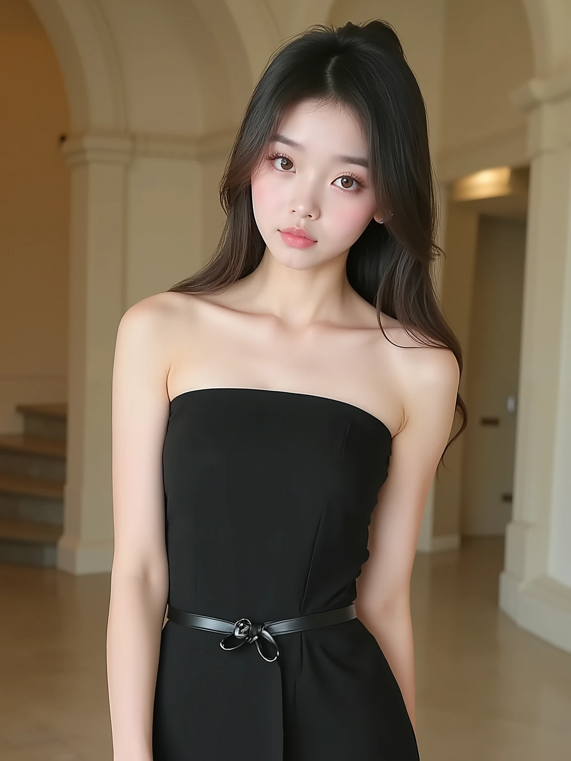 A beautiful Japanese shy girl, age 18 years old, brown hair tie up, brown big eyes, shiny lip, ecstatic expression, shiny hair, wearing tight strapless sleeveless solid black dress, belt on waist, posing in castle, wearing high heels, background is very blurry, wearing neckless, whole body photo,
