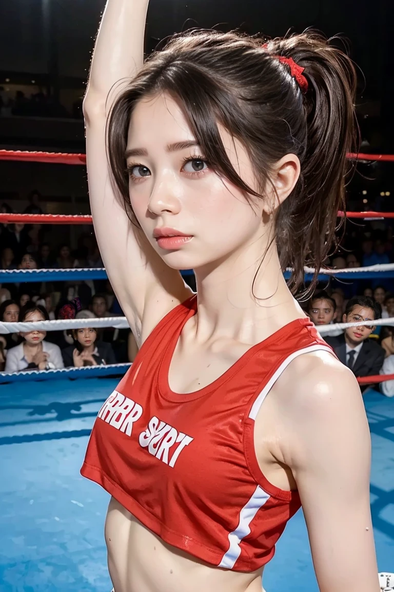 1girl, flowing long ponytail, wearing boxing gloves, full body , female boxer, looking at the camera, sweating, raised fists,