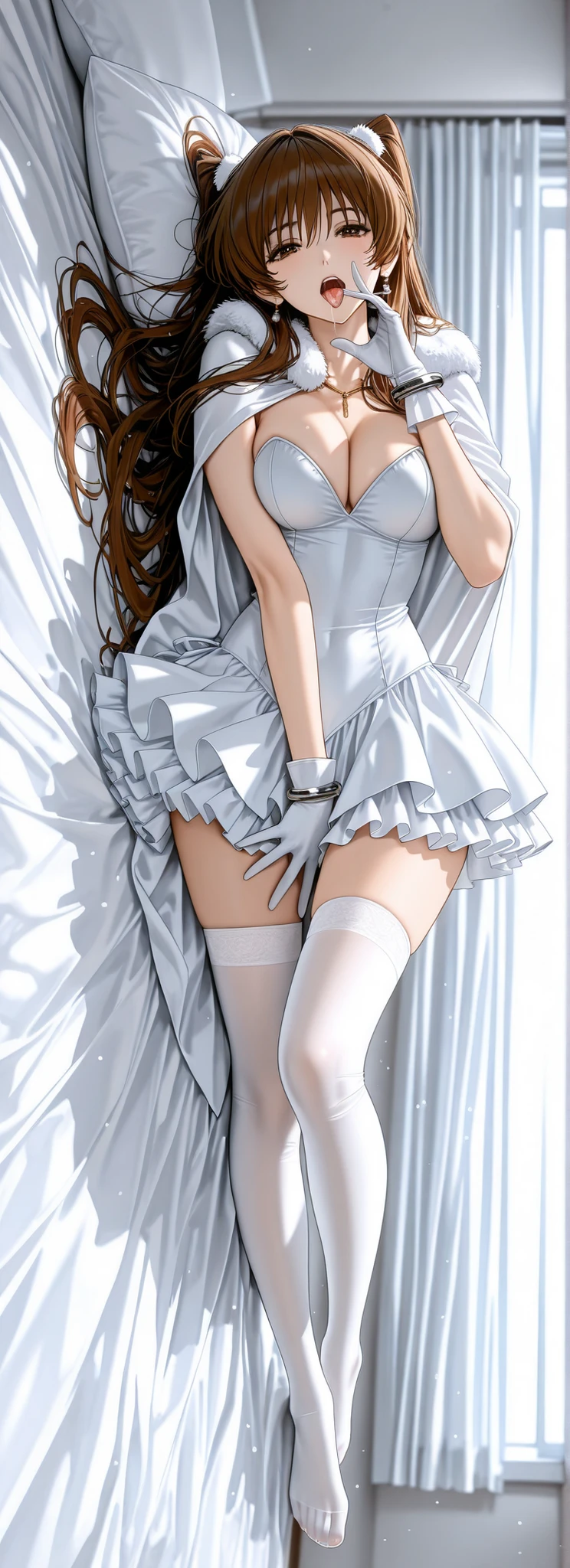 1girl, huge tit, The golden ratio, Proper composition,BEAUTIFUL ILLUSTRATION, (masterpiece, detailed:1.2), maorix, score_9, score_8_up, score_7_up, score_6_up, score_5_up, 1girl, huge tit, close-up, Perfect configuration, super quality, 8k, super quality, beautiful Japanese woman, teen, face close-up, detailed eyes, careful brown iris, transparent brown eyes, high resolution, 5 anatomically correct fingers, anatomically correct ratio:1.331,  Tiny Head:1.331, detailed skin, detailed face, dynamic pose, The viewer looks up at her, open eyes, 
ogiso setsuna, expressionless, mouth close, ogiso setsuna\(white album 2\), 1girl, brown hair, brown eyes, long hair, (beauitful eyes, detailed eyes), Top Quality, very detailed, bedroom, bed, lying on side, medium breasts, solo female, white dress, frilled dress, white thighhighs, white cape, gloves, fur trim, jewellery, jewelry, metal bracelet, earrings, 5 fingers, dynamic pose, dynamic composition, (oral gesture), open mouth, tongue out, saliva string in mouth, naughty face, deep breathing, dakimakura, full body, (face focus:1.2), 