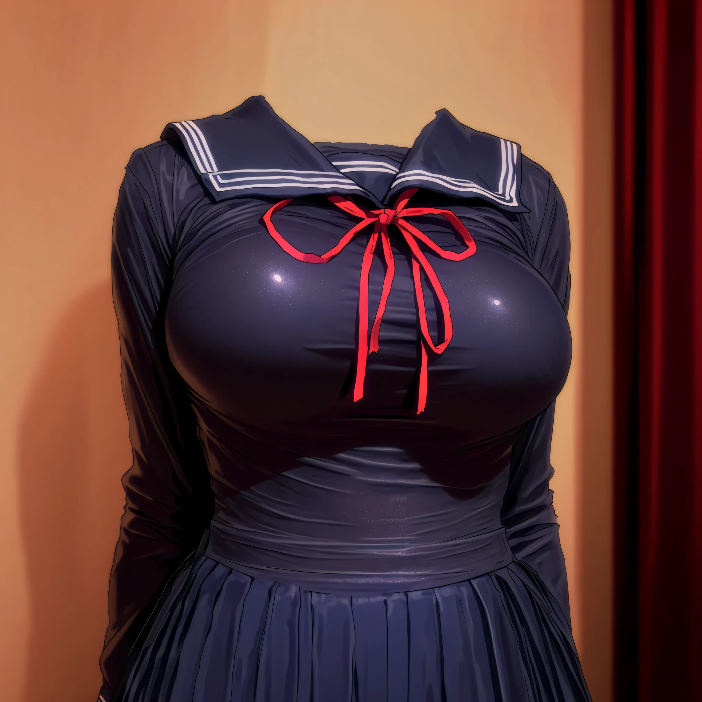 (Best-quality, Masterpiece, Ultra-High-Resolution, (Photorealistic:1.4), Raw Photo, extremely details), school uniform, black shirt, fujiwara chika, red ribbon, cowboy shot, (invisible:1.5, no humans:1.5, headless:1.5, faceless:1.5), cute big breasts, (close-up shot of breasts), detailed cloth texture