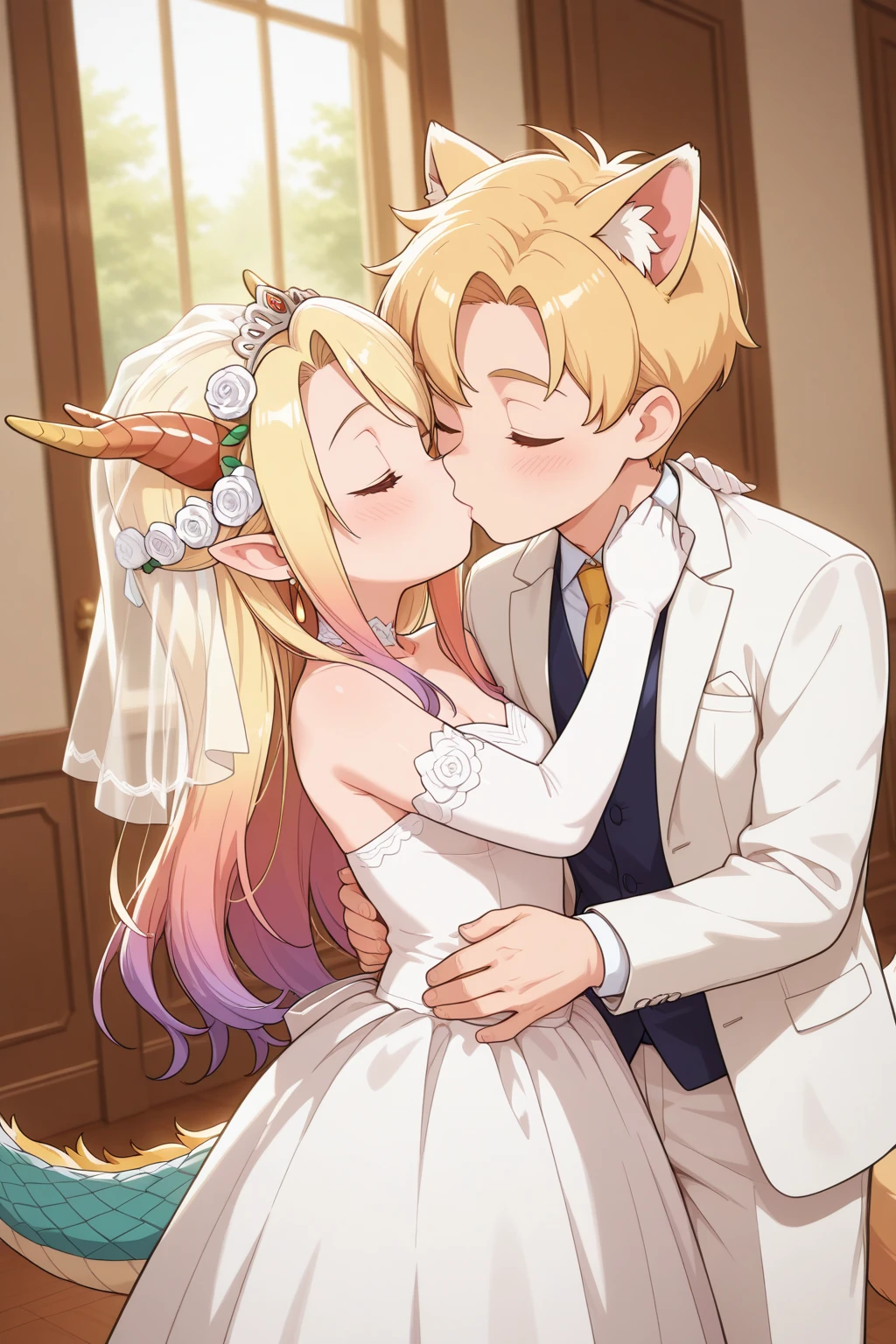 ((Highest quality)), ((masterpiece)), (detailed), （Perfect Face）、The woman was Princess Leona, with medium-long light brown hair, and was wearing a luxurious bridal outfit consisting of a lavishly jeweled black wedding dress, a gorgeous black wedding veil, and gorgeous jeweled accessories.、The woman embraces the goat-headed demon Baphomet, kisses him, and gets married.