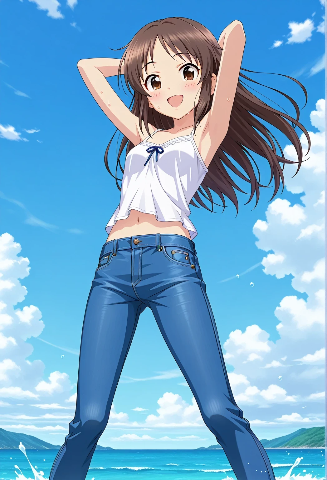 score_9, score_8_up, score_7_up, source_anime, highres, hi res, ((best quality, top quality, perfect quality, Highest Quality, amazing quality)), {{masterpiece}}, {{an extremely delicate and beautiful}}, 2d, intricate details, official style, anime, 8k, anime style, official_anime, official art, digital painting, cell shading, soft shading, high resolution, soothing tones, Subdued Color, Soft cinematic light, adobe lightroom, photolab, HDR, intricately and hyper-detailed, ((high quality animation)), 1 girl, Alone, solo, ((ocean)), tsunami, on the water, day, sunny, outdoors, sky, windy, tcbnars, THE iDOLM@STER Cinderella Girls, long hair, brown hair, parted bangs, brown eyes, anime coloring, anime screencap, small breasts, white camisole top, crop top, white crop top, best quality, hyper-detailed jeans, ((blue jeans:1.9)), (dark blue jeans:0.6), full medium body, medium shot, Open mouth, smiling, happy face, blush, sweat, standing, ((arms behind head:6.0)), ((perfect arm line:2.5)), perfect hand line, balance arm, raise forearm slightly, bowlegged, jumping pose, action, looking at viewer, spread legs, Bend knees slightly, straight-on front view