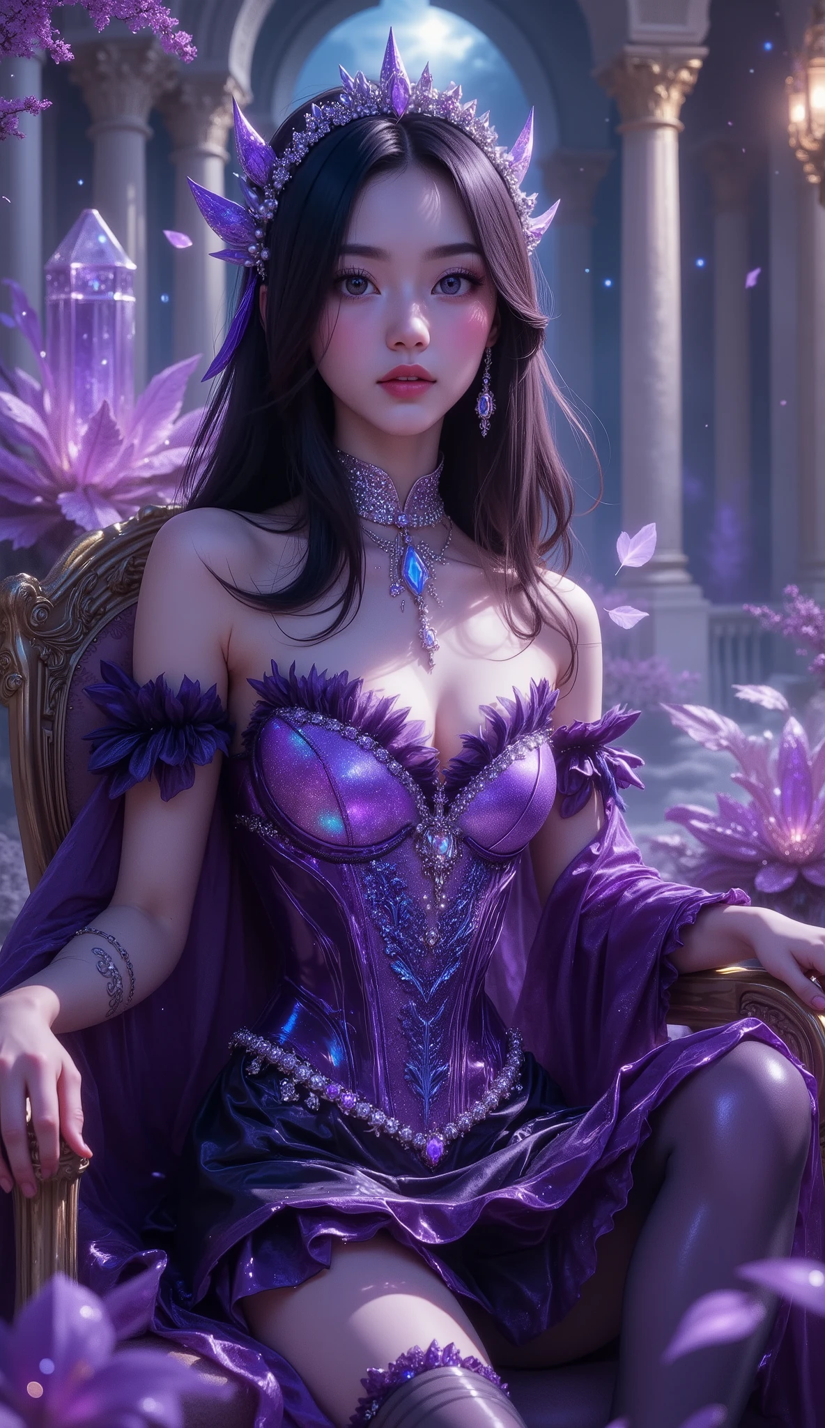 Close-up foto, 4K, hyper detail, hyper detail clothing texture, 17-year-old young Asian girl with a cute face with sweet appearance and white skin, tall body, slim and small belly, wide waist, shiny body, shiny costume, long and sexy muscular legs, and giant breasts. wearing a violet strapless V-cut corset Designed with sharp corners with a deep cleavage galaxy motif that reveals her navel, shaped by very tight black diamonds with intricate details, a ruffled micro mini skirt and black nylon stockings with sexy high blue lace with scaly motifs, her stockings reach her crotch, she also wears very high heeled stilettos and high treads with straps, her purple high heels emit a shining light from her feet, reminiscent of a fantasy style. This work features intricate details, including sparkling blue gemstones and feather-like textures and flashes of blue light that adorn the tight corset, The shiny paint on the corset adds to the fantasy feel, while her long black hair flows in waves over her shoulders, lie down in a luxuryous chair, background large fantasy hall with wide marble stairs, shining purple crystals, flowering magical plants, and towering classical columns. A thin mist drifts across the landscape, illuminated by golden chandeliers. The color palette combines purple, silver, and white, creating a refined, elegant atmosphere beneath the starry sky..((best quality)), ((masterpiece)), (detailed),