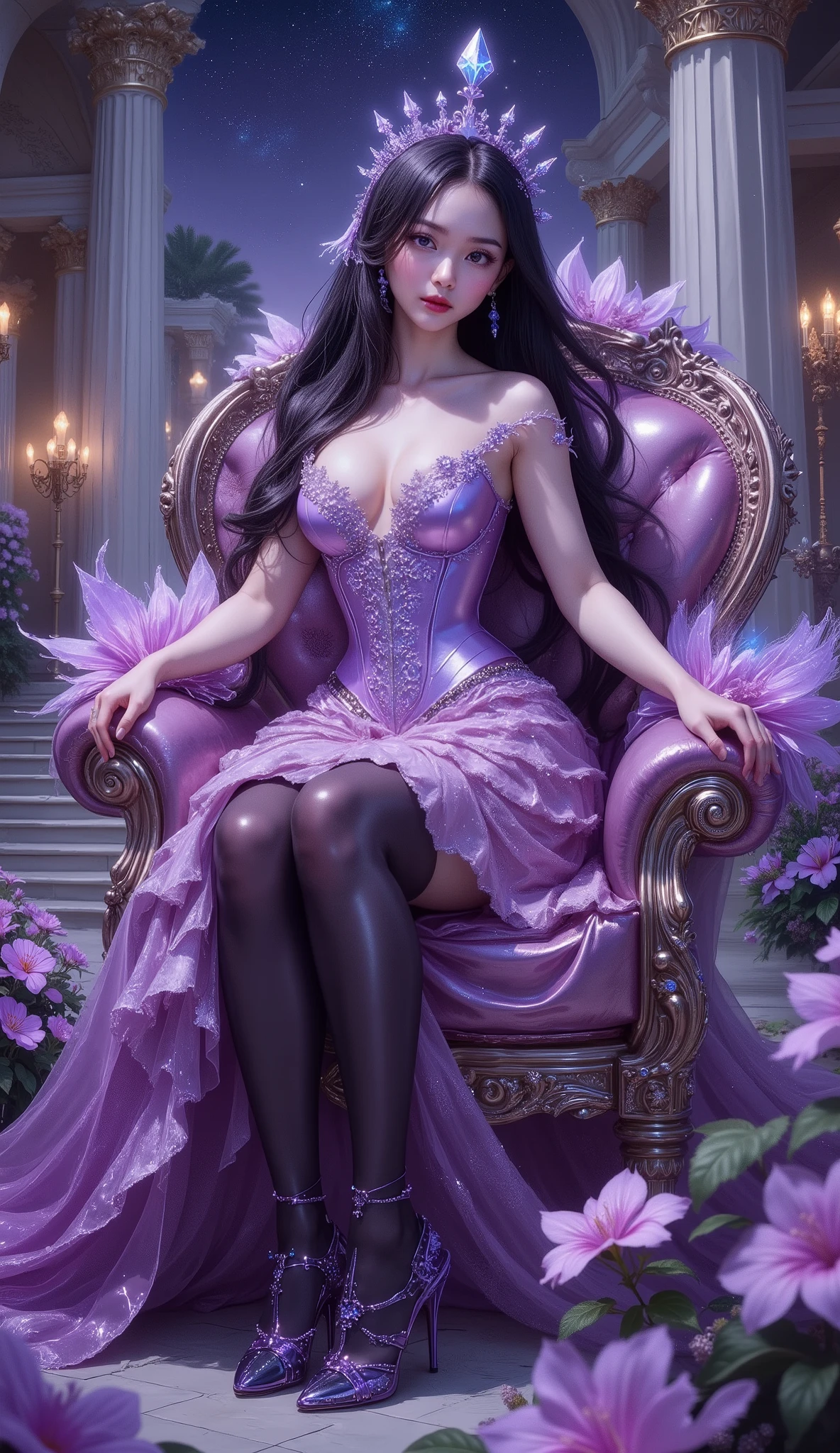 Close-up foto, 4K, hyper detail, hyper detail clothing texture, 17-year-old young Asian girl with a cute face with sweet appearance and white skin, tall body, slim and small belly, wide waist, shiny body, shiny costume, long and sexy muscular legs, and giant breasts. wearing a whitish purple strapless V-cut corset Designed with sharp corners with a deep cleavage galaxy motif that reveals her navel, shaped by very tight black diamonds with intricate details, a ruffled micro mini skirt and black nylon stockings with sexy high blue lace with scaly motifs, her stockings reach her crotch, she also wears very high heeled stilettos and high treads with straps, her purple high heels emit a shining light from her feet, reminiscent of a fantasy style. This work features intricate details, including sparkling blue gemstones and feather-like textures and flashes of blue light that adorn the tight corset, The shiny paint on the corset adds to the fantasy feel, while her long black hair flows in waves over her shoulders, lie down in a luxuryous chair, background large fantasy hall with wide marble stairs, shining purple crystals, flowering magical plants, and towering classical columns. A thin mist drifts across the landscape, illuminated by golden chandeliers. The color palette combines purple, silver, and white, creating a refined, elegant atmosphere beneath the starry sky..((best quality)), ((masterpiece)), (detailed),