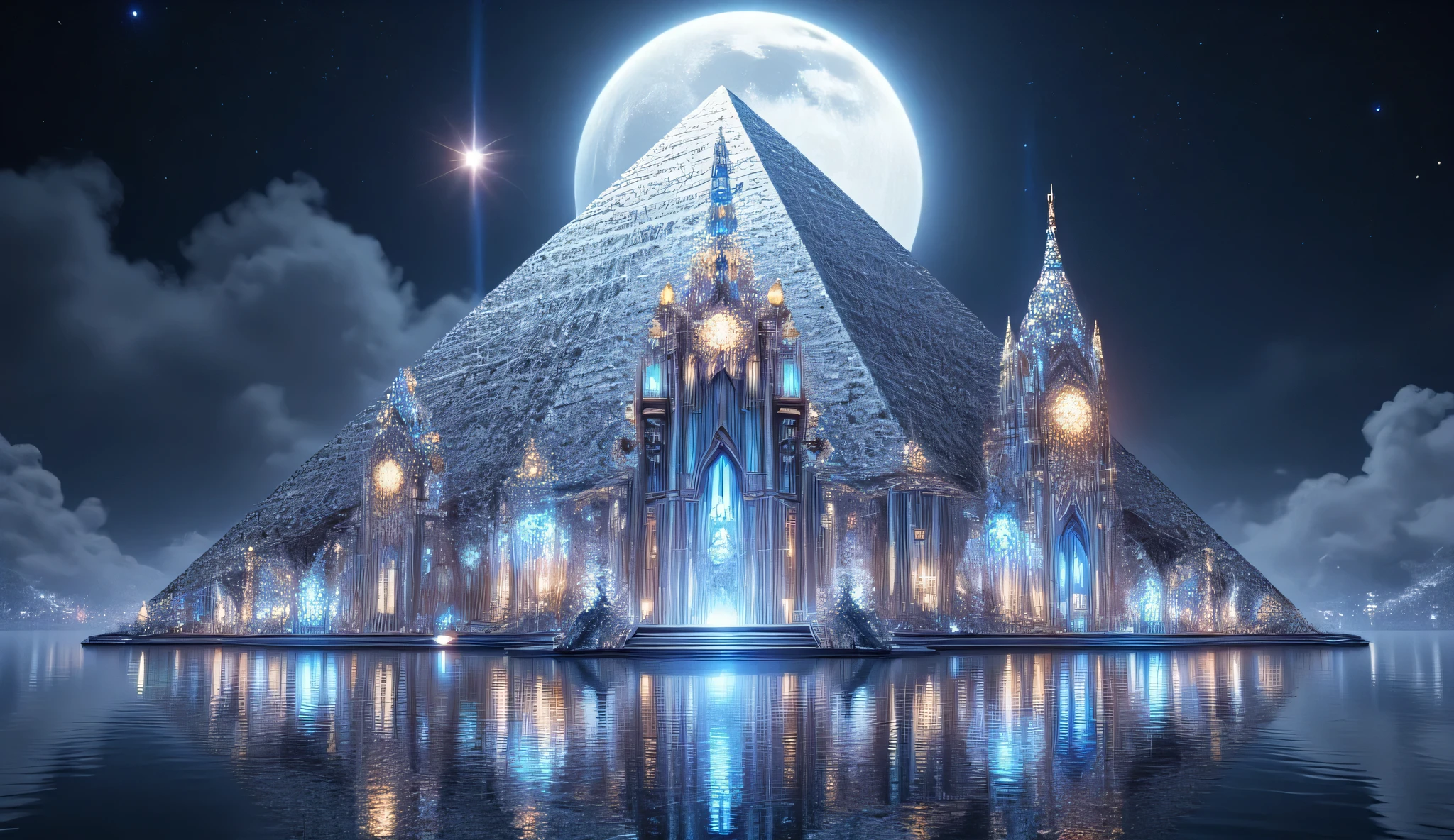 A spectacular fantasy landscape capturing a vast lake with preternaturally clear and transparent water, rendered with photorealistic detail under the light of an enormous full moon. Rising majestically from the exact center of the lake stands a massive pyramid constructed entirely of polished silver that catches and reflects the moonlight with dazzling brilliance. The pyramid's surface shows meticulous craftsmanship—perfectly aligned silver blocks with precise geometric patterns, subtle engravings that appear to tell ancient stories, and occasional inlaid designs that glow with mysterious blue light. Crowning this silver wonder is an extraordinary castle constructed from precious materials—walls of deep red rubies that glow with inner fire, structural supports of gleaming platinum that provide architectural integrity, and countless diamonds of various sizes that catch and scatter light in all directions. The castle architecture is fantastical yet precisely rendered—featuring multiple towers of varying heights with delicate spires topped with diamond finials, elegant arched windows framed in platinum filigree, ornate balconies supported by ruby columns, and graceful flying buttresses that create a silhouette of extraordinary beauty. The enormous full moon hangs low in the night sky, appearing many times larger than normal and radiating a brilliant silver-white light that bathes the entire landscape in ethereal illumination. The moonlight creates a magical effect as it interacts with the materials of the pyramid and castle—causing the silver to gleam with cool metallic radiance, the rubies to pulse with warm inner fire, and the diamonds to explode with prismatic rainbow refractions that shoot across the lake in all directions like visible magic. The lake's surface is preternaturally still, creating a perfect mirror reflection of the entire scene—the silver pyramid, ruby-and-diamond castle, and giant moon all duplicated with flawless symmetry on the water's surface. Th