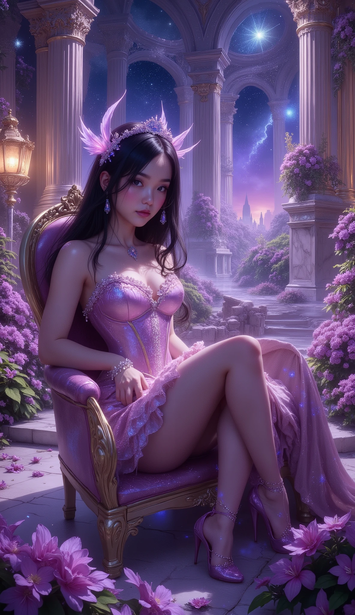 Close-up foto, 4K, hyper detail, hyper detail clothing texture, 17-year-old young Asian girl with a cute face with sweet appearance and white skin, tall body, slim and small belly, wide waist, shiny body, shiny costume, long and sexy muscular legs, and giant breasts. wearing a whitish pink strapless V-cut corset Designed with sharp corners with a deep cleavage galaxy motif that reveals her navel, shaped by very tight black diamonds with intricate details, a ruffled micro mini skirt and black nylon stockings with sexy high blue lace with scaly motifs, her stockings reach her crotch, she also wears very high heeled stilettos and high treads with straps, her purple high heels emit a shining light from her feet, reminiscent of a fantasy style. This work features intricate details, including sparkling blue gemstones and feather-like textures and flashes of blue light that adorn the tight corset, The shiny paint on the corset adds to the fantasy feel, while her long black hair flows in waves over her shoulders, lie down in a luxuryous chair, background large fantasy hall with wide marble stairs, shining purple crystals, flowering magical plants, and towering classical columns. A thin mist drifts across the landscape, illuminated by golden chandeliers. The color palette combines purple, silver, and white, creating a refined, elegant atmosphere beneath the starry sky..((best quality)), ((masterpiece)), (detailed),
