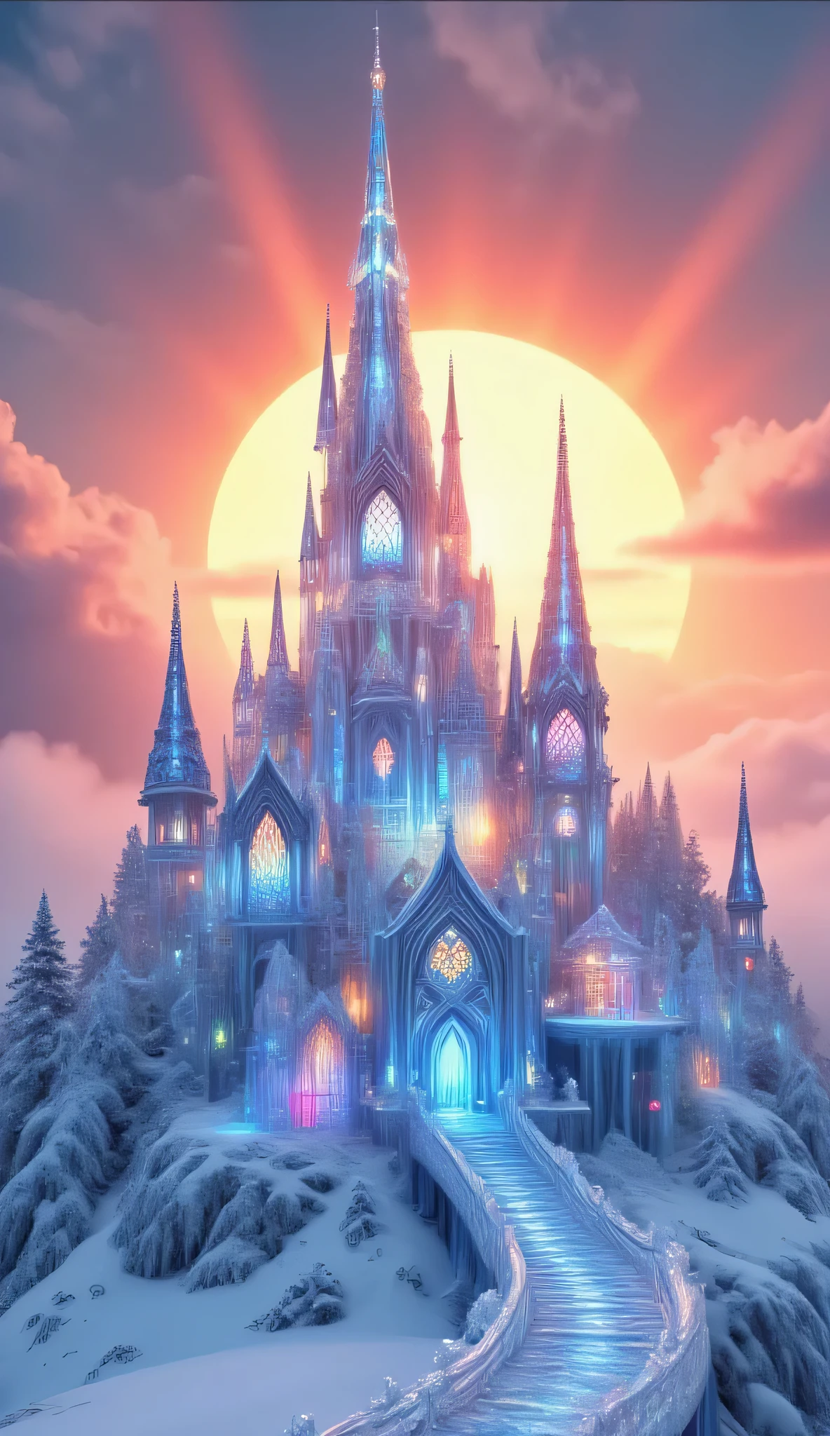 A breathtaking winter landscape featuring a majestic ice castle perched atop a small snow-covered hill, captured with photorealistic detail in the golden hour light. The castle is constructed entirely of crystal-clear ice blocks that appear to have been sculpted by master craftsmen—featuring soaring towers with delicate spires, arched windows, graceful flying buttresses, and intricately carved ice battlements that catch and refract the light. The transparent ice structure acts as a natural prism, creating a spectacular display as the massive setting sun behind it sends its rays through the castle walls, transforming ordinary ice into a kaleidoscope of colors—vibrant blues, purples, ambers, and pinks radiate outward across the snow. The castle appears to glow from within, as if housing some magical energy source that pulses with gentle light. Surrounding the hill are vast snow-covered fields stretching to the horizon, their pristine white surface perfectly capturing the pink and gold hues of sunset, creating a sea of sparkling diamond-like reflections where the snow catches direct sunlight. The snow shows subtle variations in texture—wind-sculpted drifts, gentle rolling contours, and areas of perfect smoothness that reflect the sky like mirrors. The setting sun dominates the background—a massive golden-orange disk partially sinking below the horizon, sending dramatic crepuscular rays across the sky that illuminate scattered clouds from beneath with fiery colors. The atmosphere carries a sense of magical stillness, with visible ice crystals suspended in the air where they catch the light and create tiny rainbow refractions. The photographic style captures both the grand scale of the landscape and the microscopic details of ice crystals and snow textures, with perfect exposure balancing the intense light of the sun with the subtle details of shadow areas. The color palette transitions from the warm oranges and pinks of the sunset to the cool blues and purples of the ic