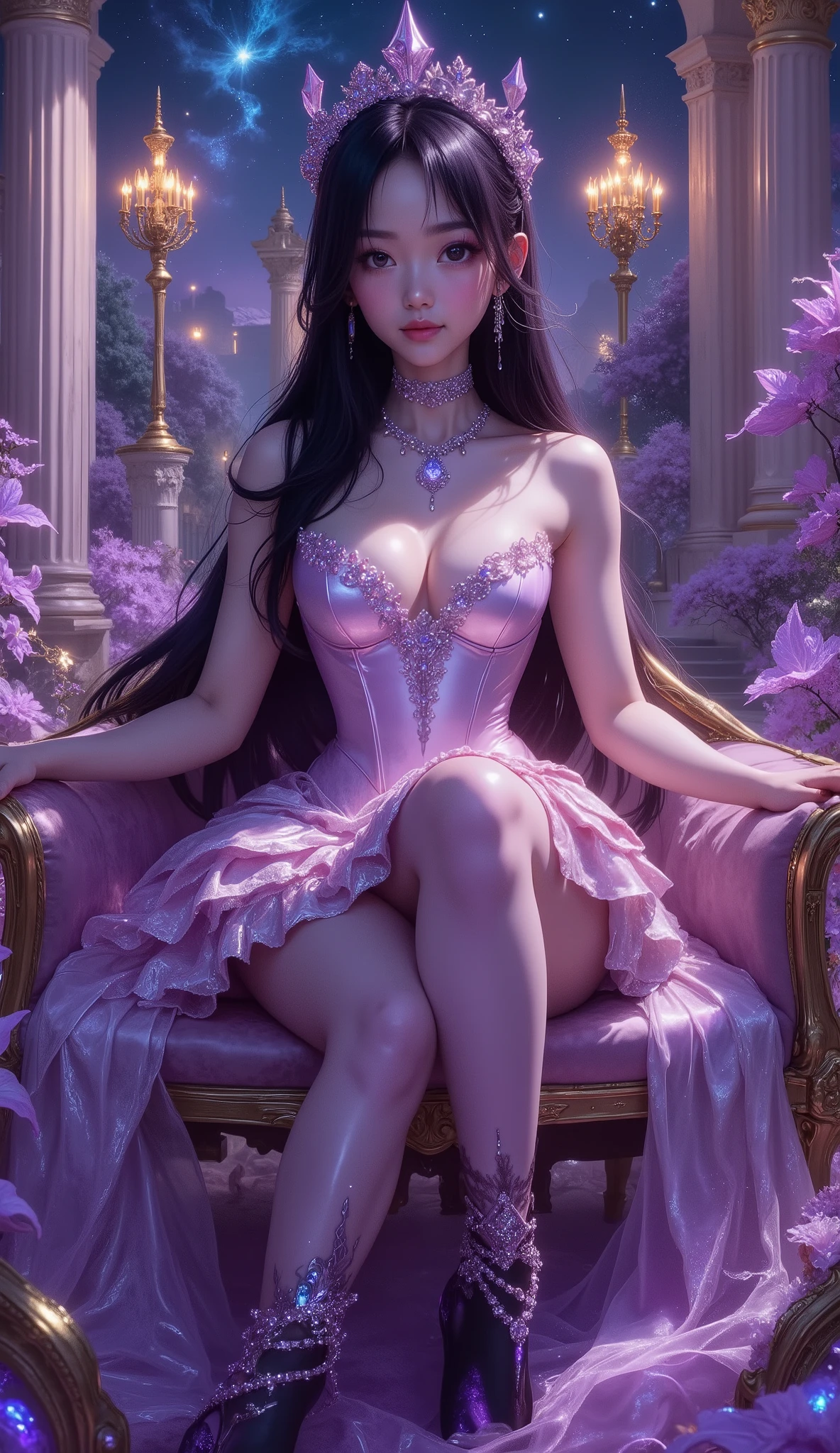 Close-up foto, 4K, hyper detail, hyper detail clothing texture, 17-year-old young Asian girl with a cute face with sweet appearance and white skin, tall body, slim and small belly, wide waist, shiny body, shiny costume, long and sexy muscular legs, and giant breasts. wearing a whitish pink strapless V-cut corset Designed with sharp corners with a deep cleavage galaxy motif that reveals her navel, black diamond embellishment on the corset , shaped by very tight black diamonds with intricate details, a ruffled micro mini skirt and black nylon stockings with sexy high blue lace with scaly motifs, her stockings reach her crotch, she also wears very high heeled stilettos and high treads with straps, her purple high heels emit a shining light from her feet, reminiscent of a fantasy style. This work features intricate details, including sparkling blue gemstones and feather-like textures and flashes of blue light that adorn the tight corset, The shiny paint on the corset adds to the fantasy feel, while her long black hair flows in waves over her shoulders, lie down in a luxuryous chair, background large fantasy hall with wide marble stairs, shining purple crystals, flowering magical plants, and towering classical columns. A thin mist drifts across the landscape, illuminated by golden chandeliers. The color palette combines purple, silver, and white, creating a refined, elegant atmosphere beneath the starry sky..((best quality)), ((masterpiece)), (detailed),