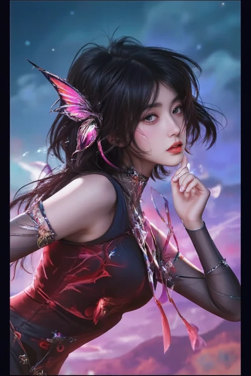 a close up of a girl with a butterfly on her head, butterfly on head, beautiful detailed eyes, beautiful detailed lips, extremely detailed eyes and face, long eyelashes, delicate features, serene expression, soft lighting, warm colors, cinematic, portrait, high quality, 8k, realistic, photorealistic